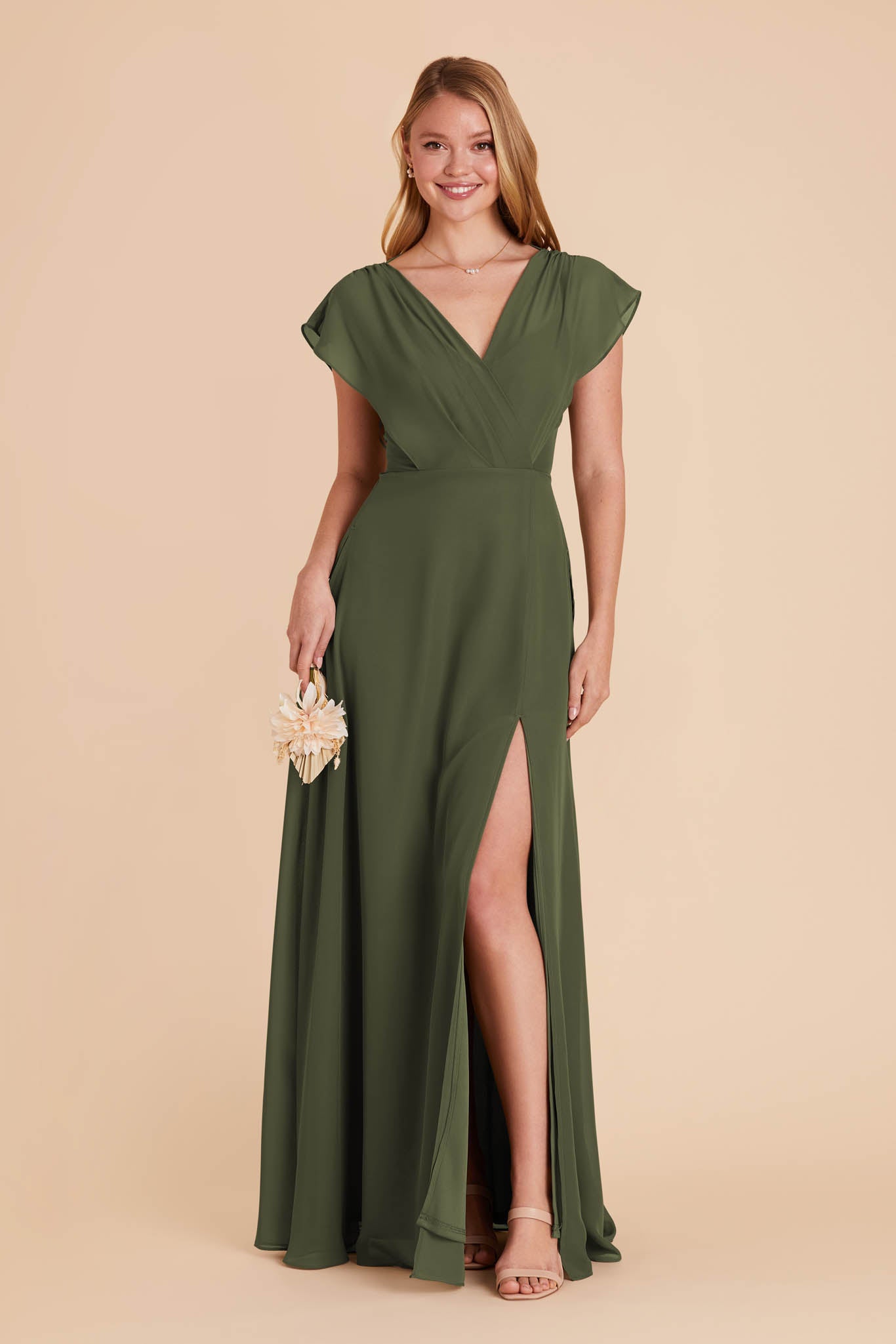 Floor-Length Chiffon Gown with Ruffled Sleeves | Violet & Olive