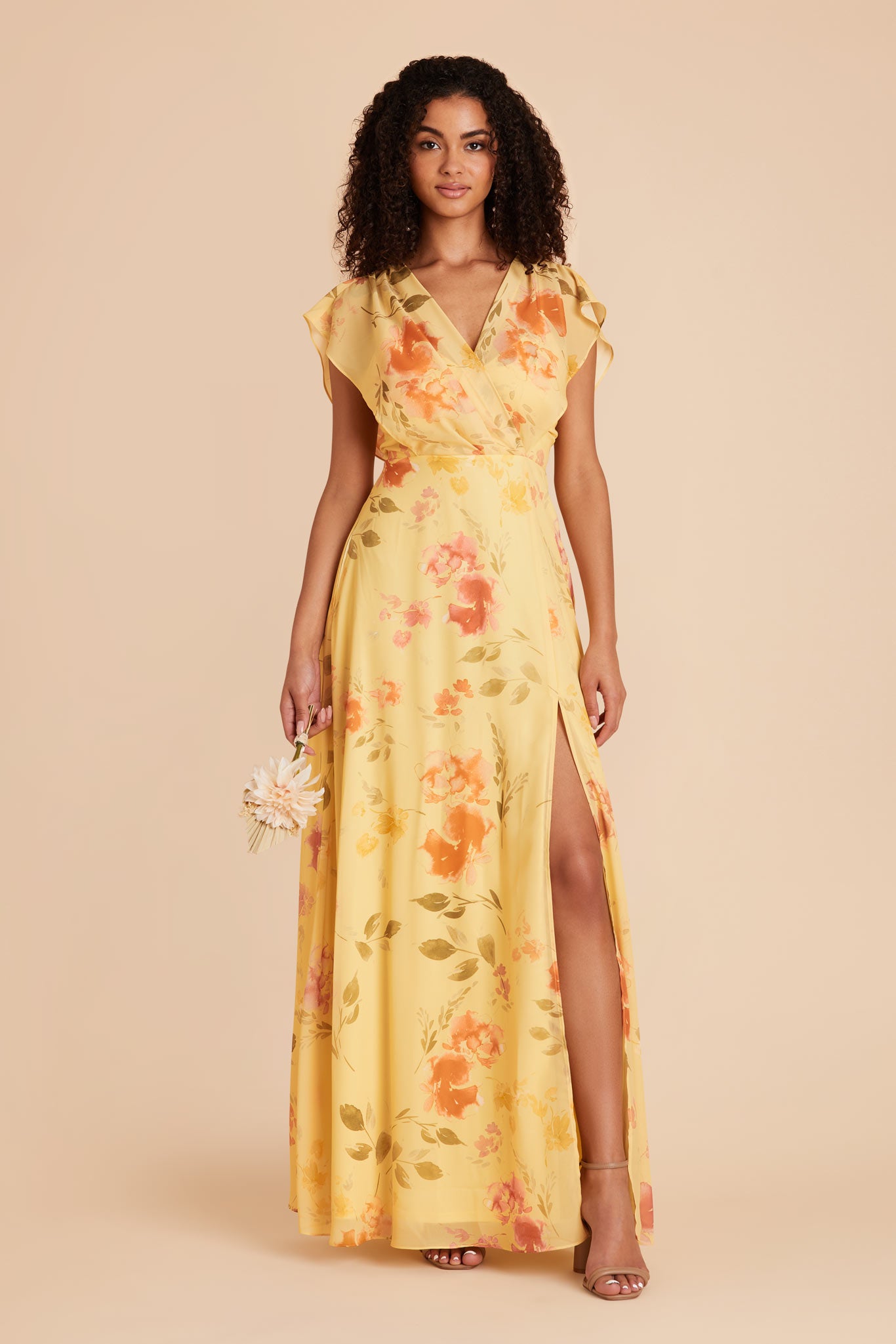 Floor-Length Chiffon Gown with Ruffled Sleeves | Violet & Yellow Floral