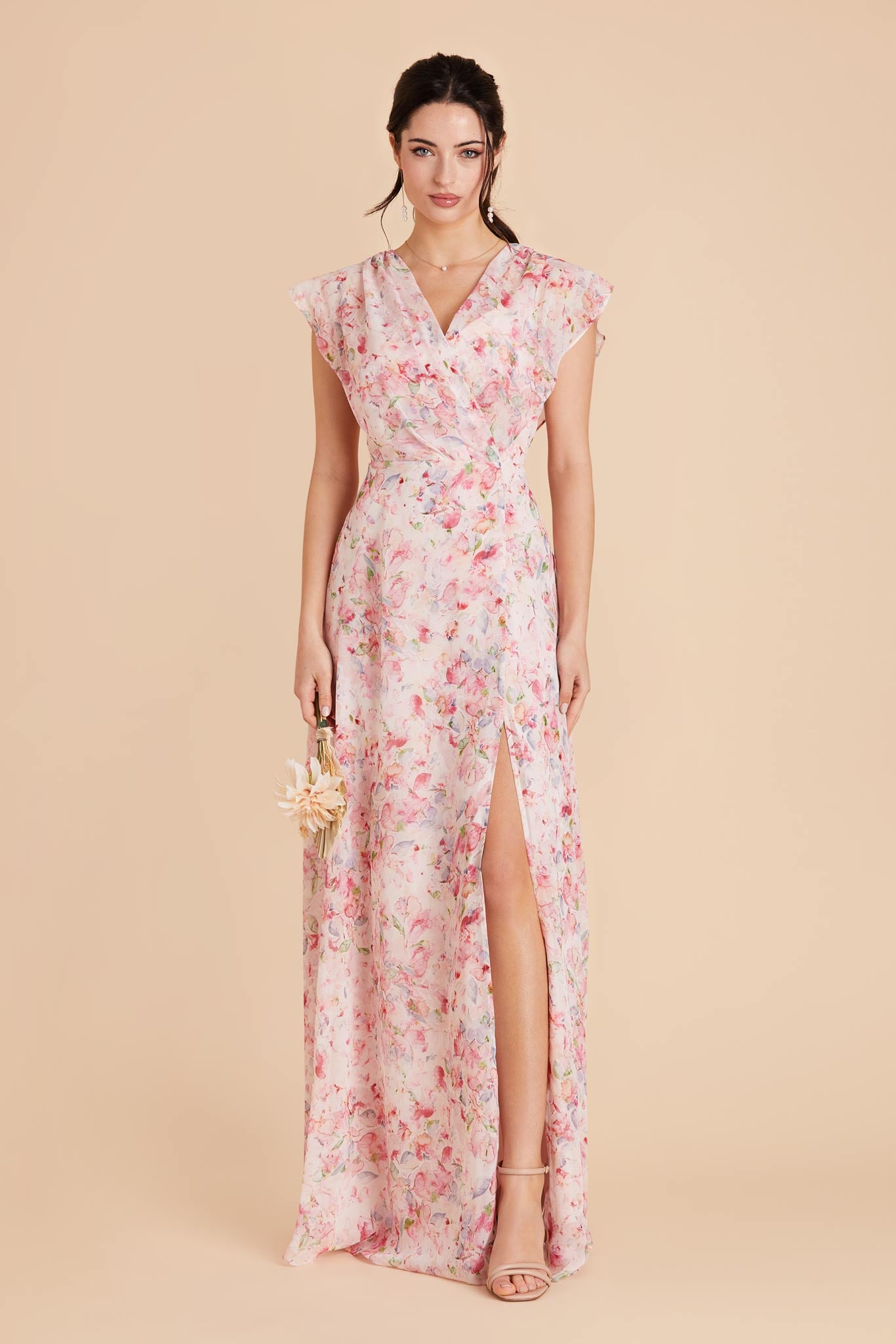 Violet A-Line Chiffon Gown with Ruffled Sleeves | Floor-Length Dress