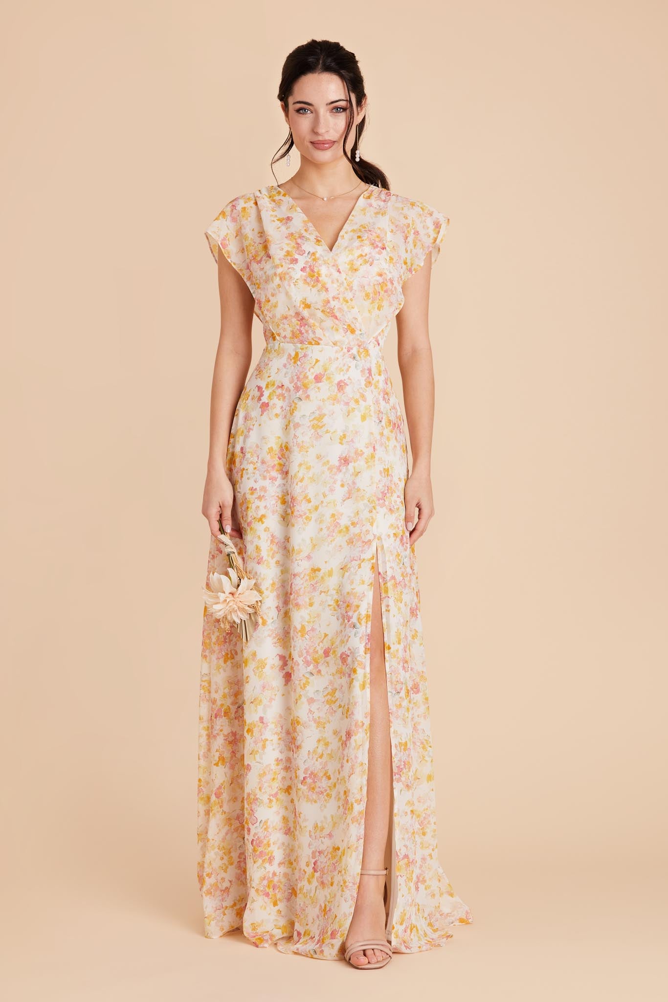Violet Chiffon Gown with Ruffled Sleeves | A-Line Floor-Length Dress