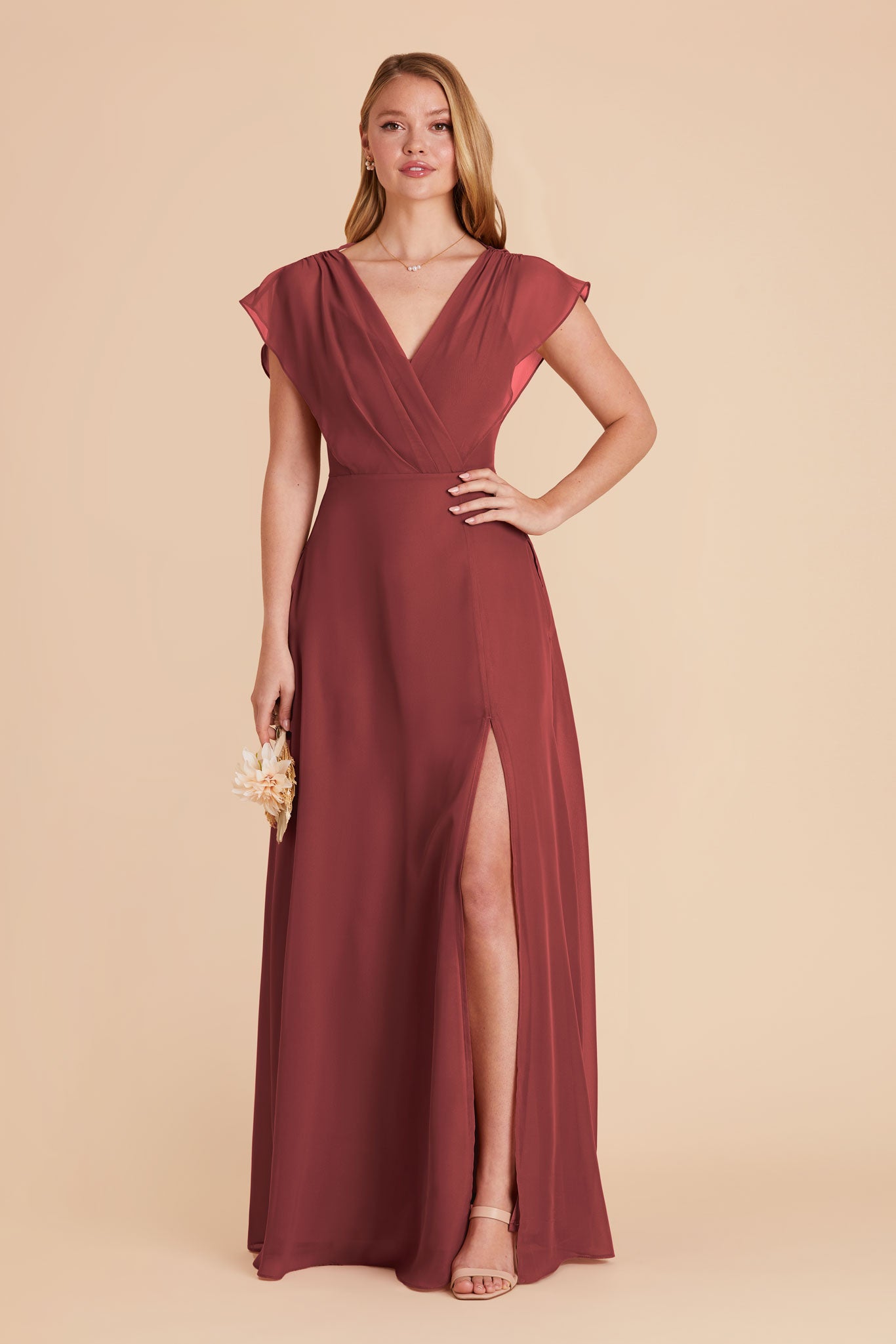 Floor-Length Chiffon Gown with Ruffled Sleeves | Violet A-Line Dress