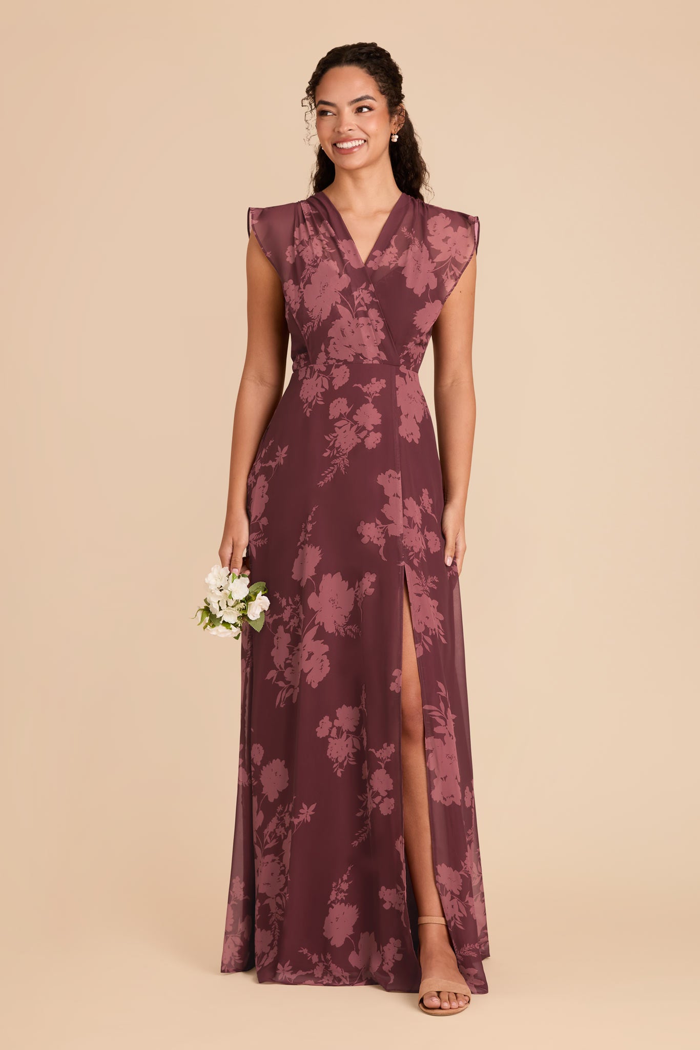 Floor-Length Chiffon Dress with Ruffle Sleeves | Violet Whimsical Blooms
