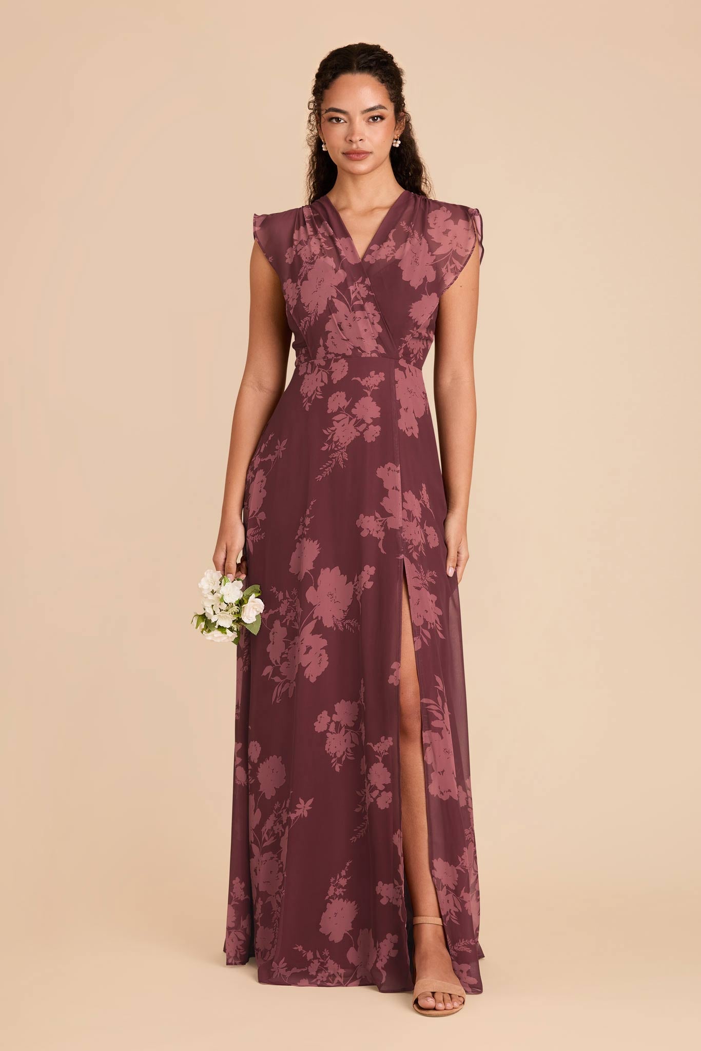 Floor-Length Chiffon Dress with Ruffle Sleeves | Violet Whimsical Blooms
