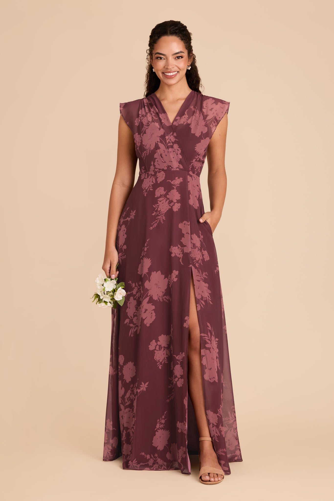 Floor-Length Chiffon Dress with Ruffle Sleeves | Violet Whimsical Blooms
