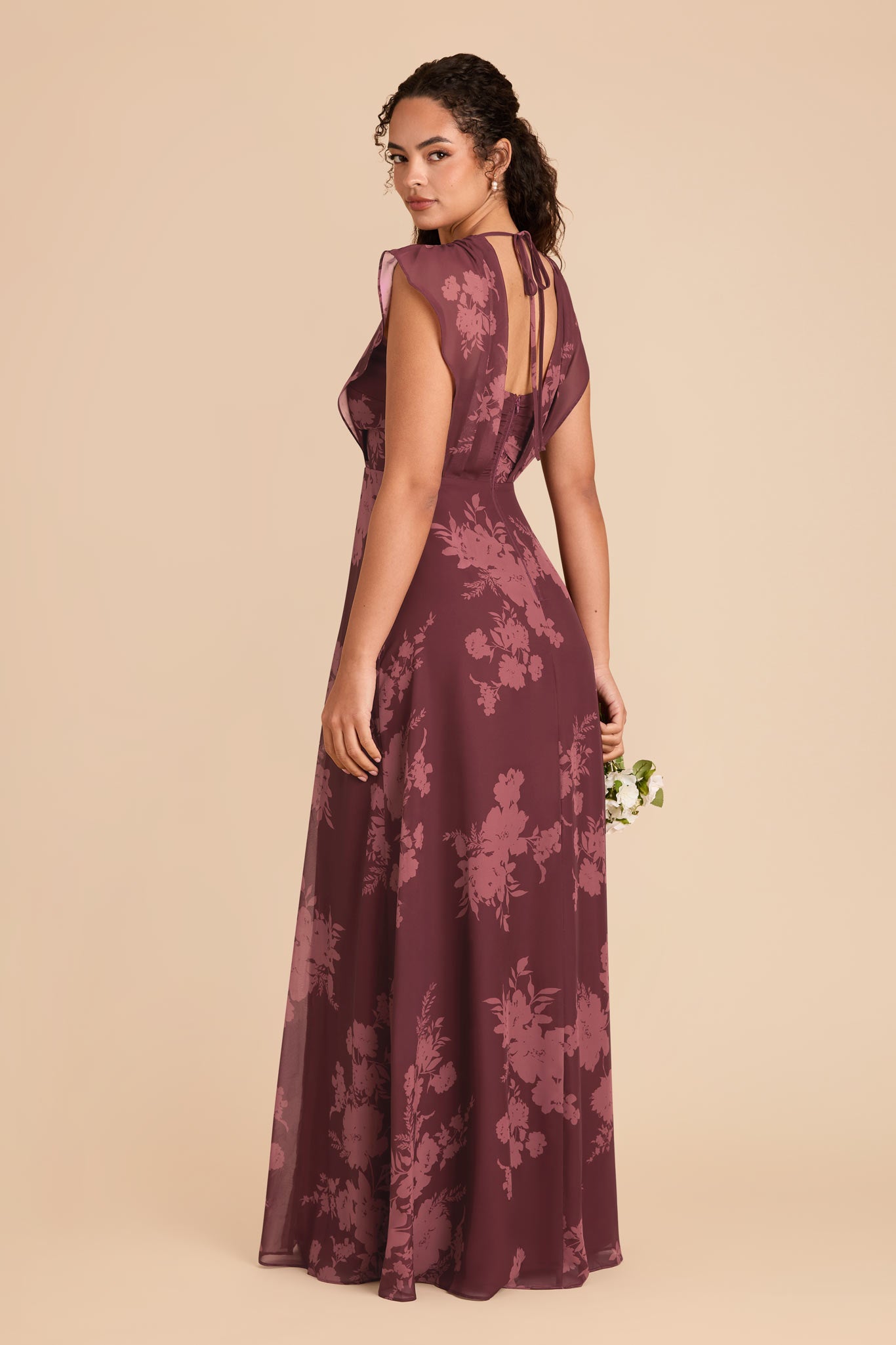 Floor-Length Chiffon Dress with Ruffle Sleeves | Violet Whimsical Blooms