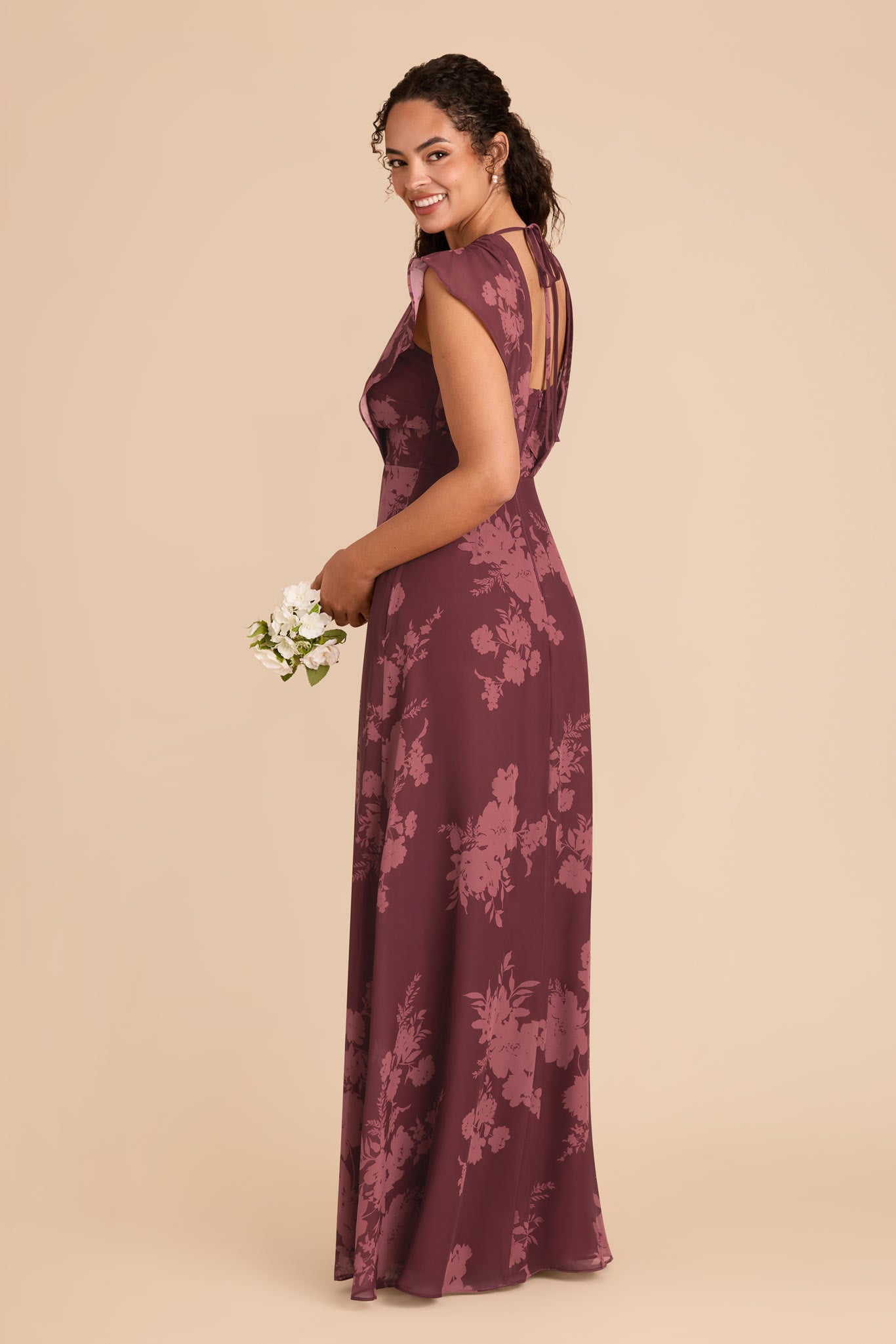 Floor-Length Chiffon Dress with Ruffle Sleeves | Violet Whimsical Blooms