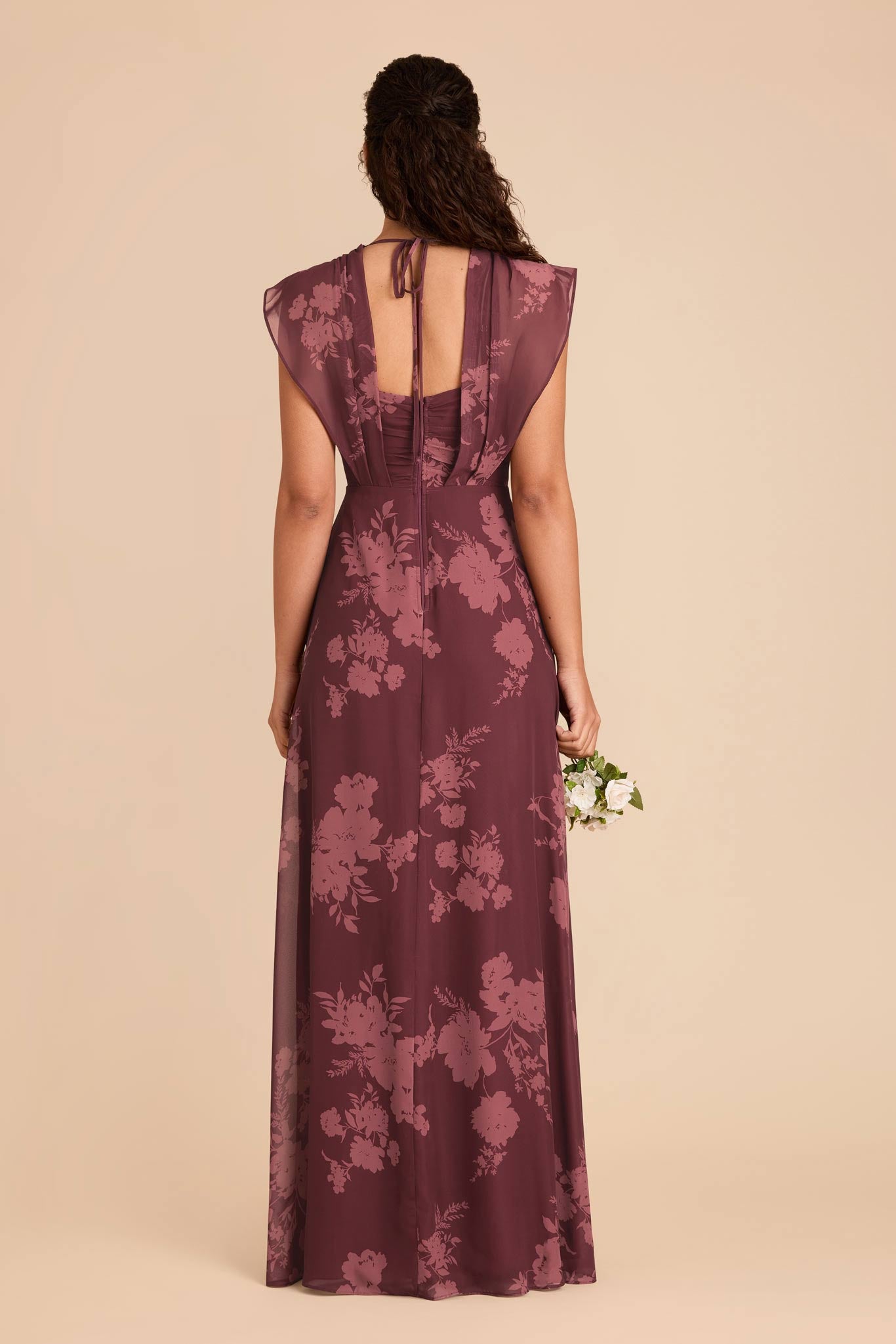 Floor-Length Chiffon Dress with Ruffle Sleeves | Violet Whimsical Blooms