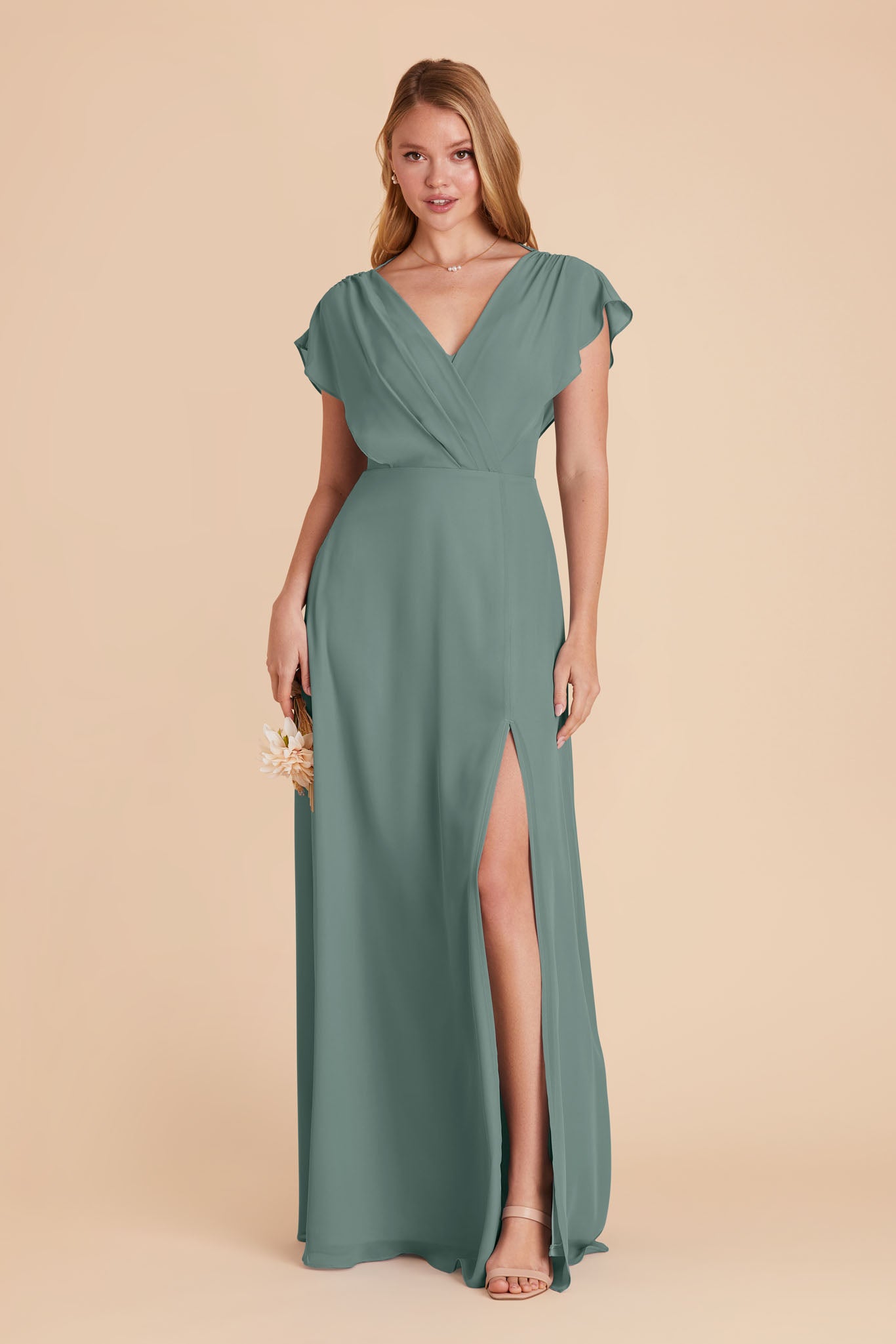 Floor-Length Chiffon Gown with Ruffled Sleeves | Violet Sea Glass