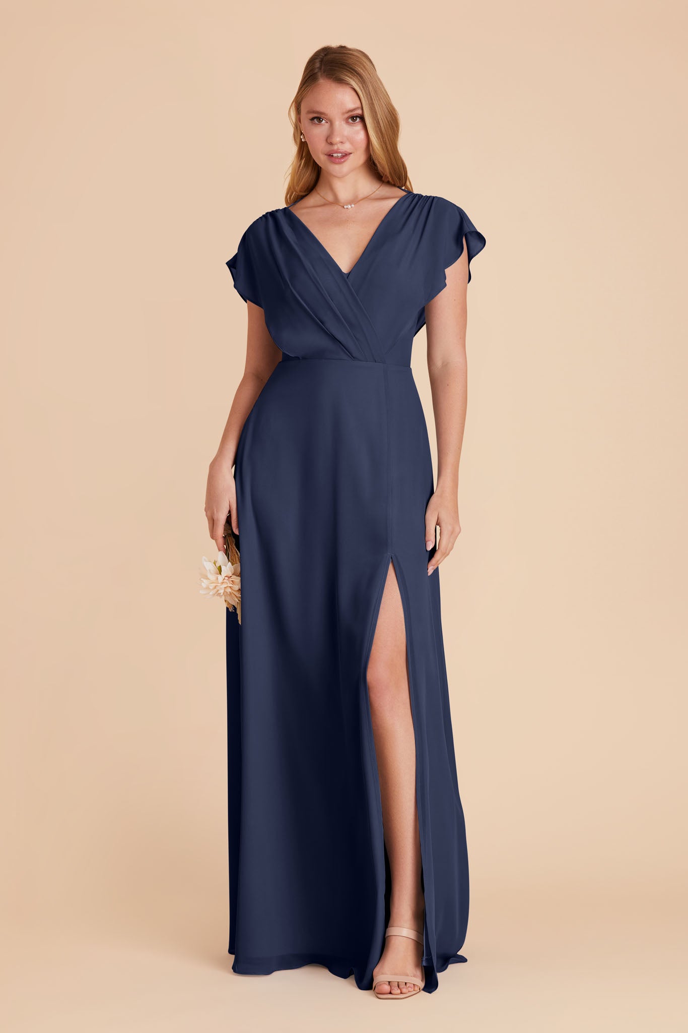 Floor-Length Chiffon Gown with Ruffled Sleeves | Violet & Slate Blue
