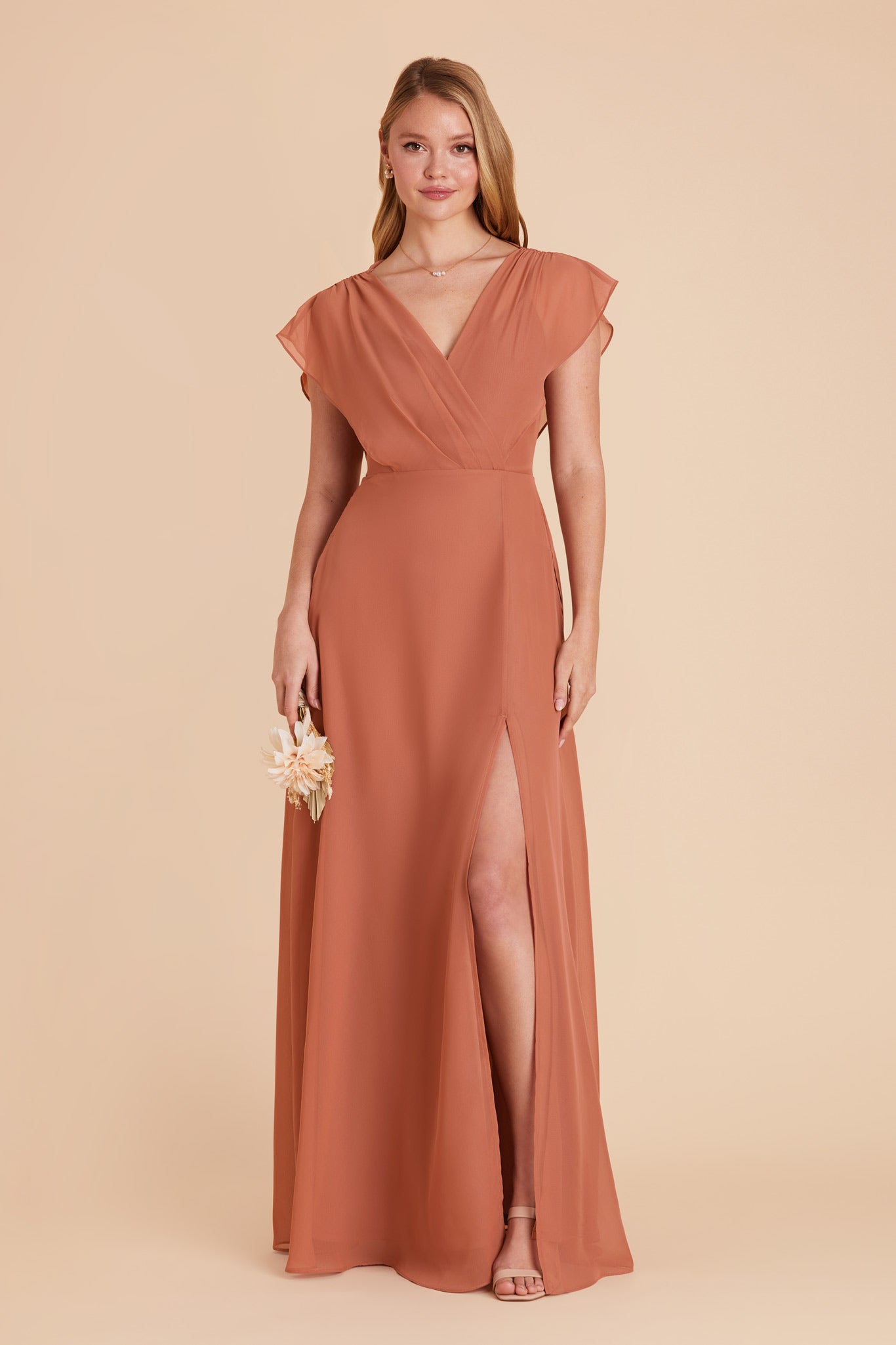 Floor-Length Chiffon Gown with Ruffled Sleeves | Violet & Terracotta