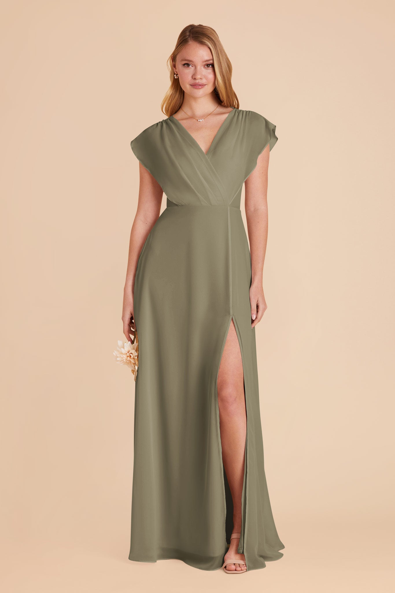 Floor-Length Chiffon Gown with Ruffle Sleeves | Violet Thyme