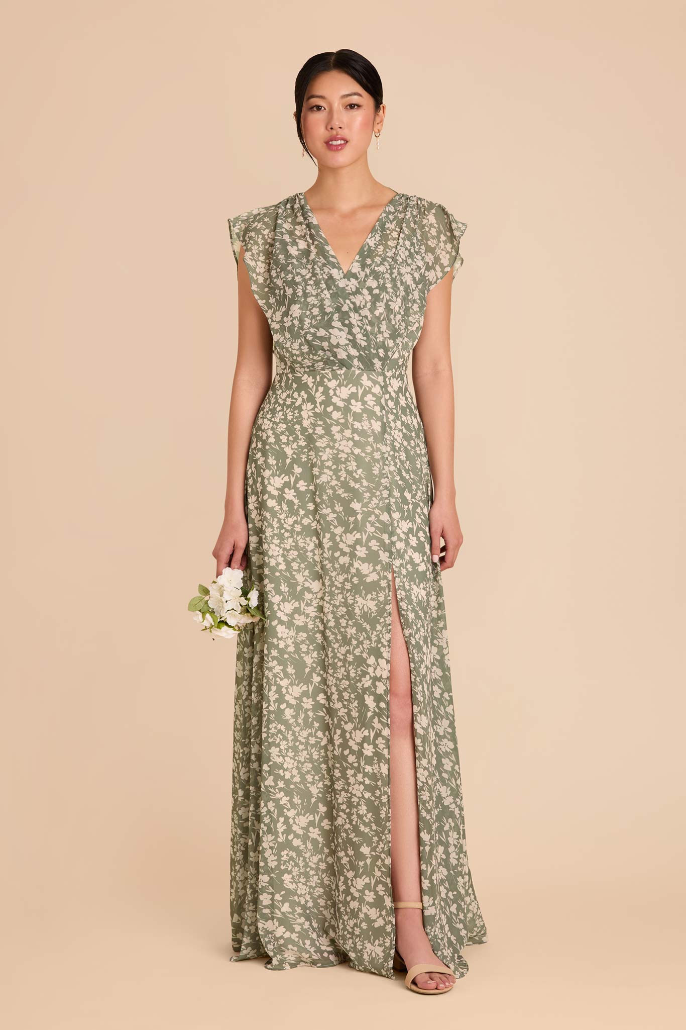 Floor-Length Chiffon Gown with Ruffle Sleeves | Thyme Dreamy Floral