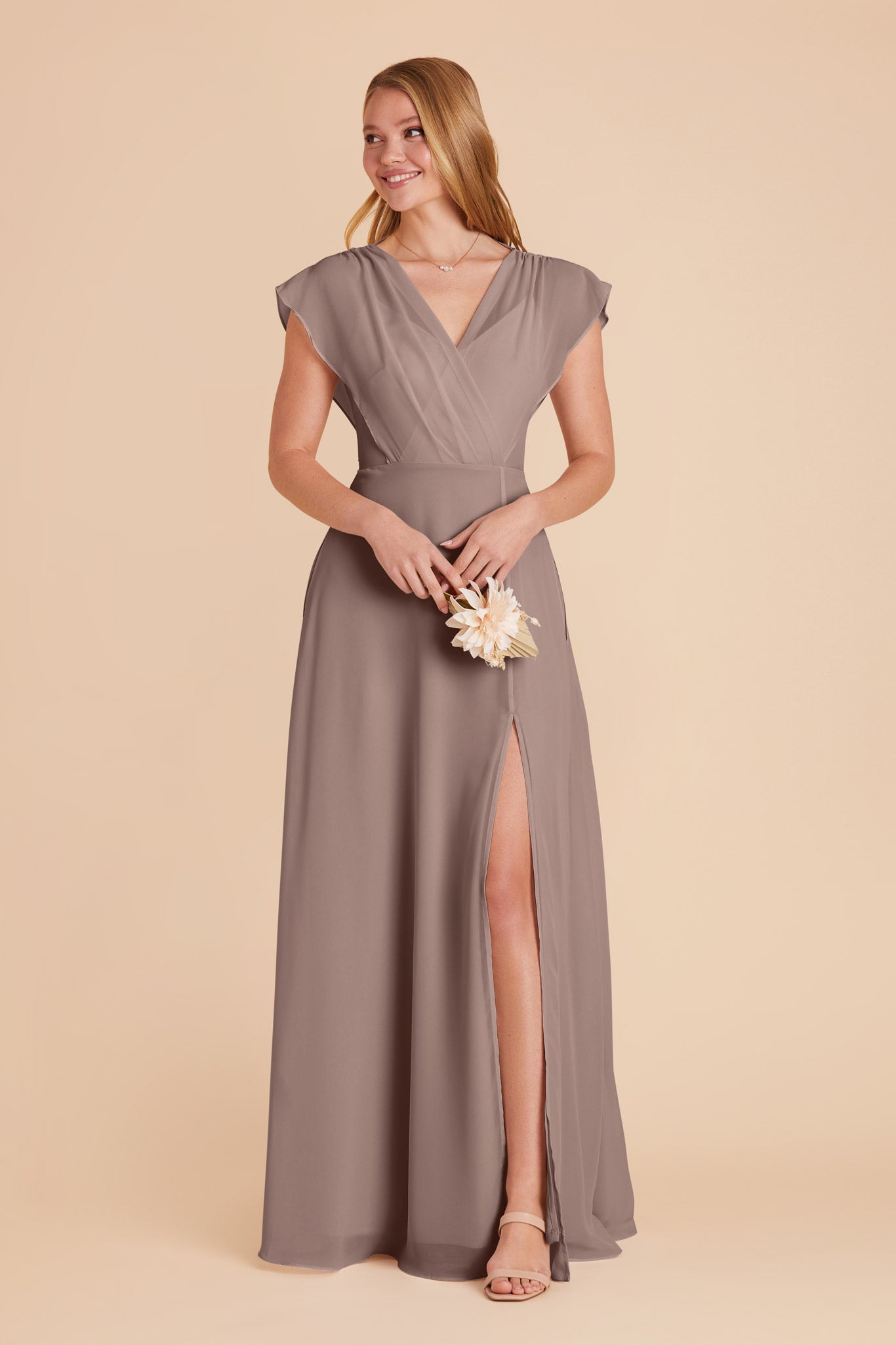 Floor-Length Chiffon Gown with Ruffled Sleeves | Violet Toffee