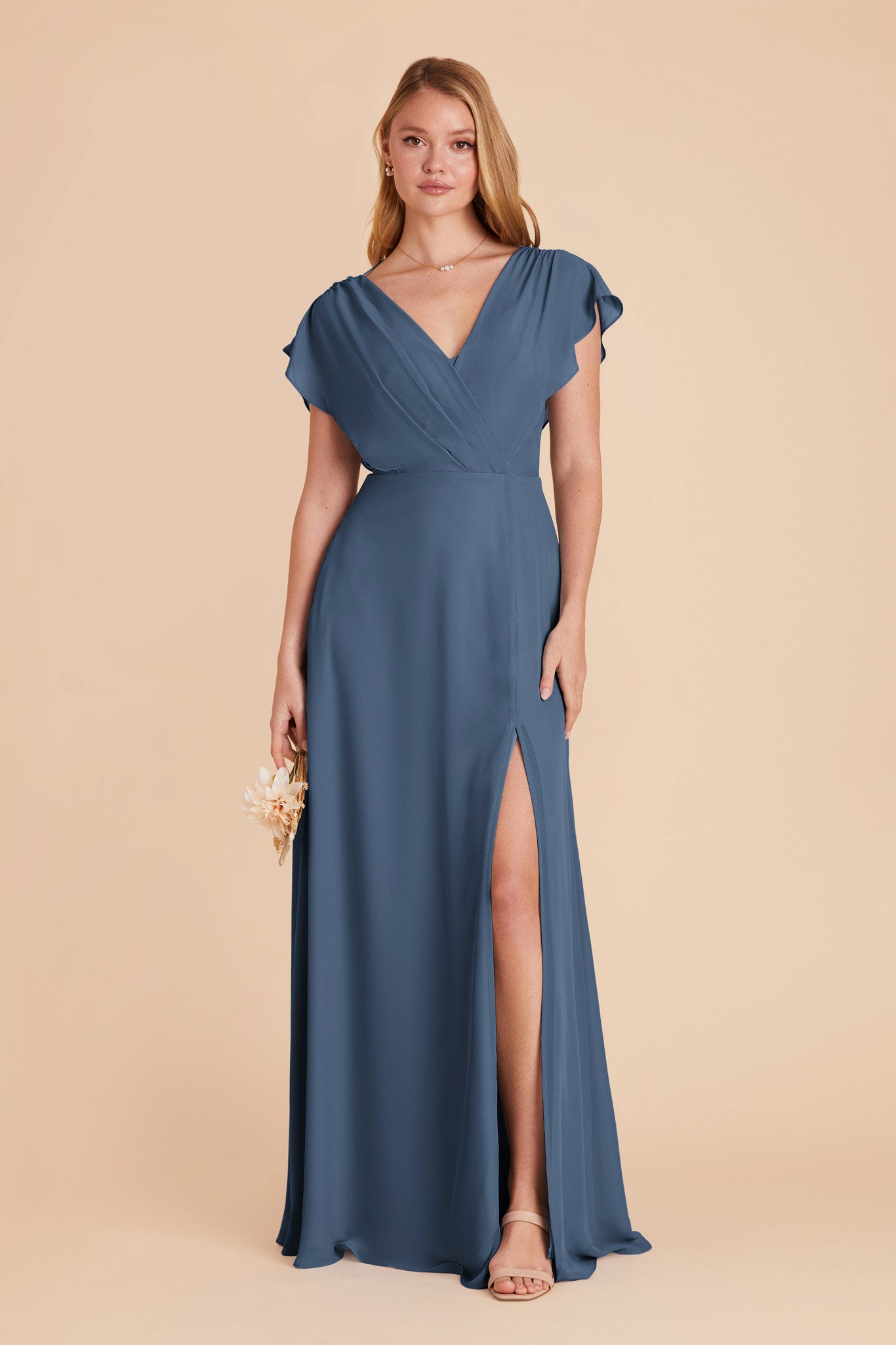 Floor-Length Chiffon Gown with Ruffled Sleeves | Violet Twilight