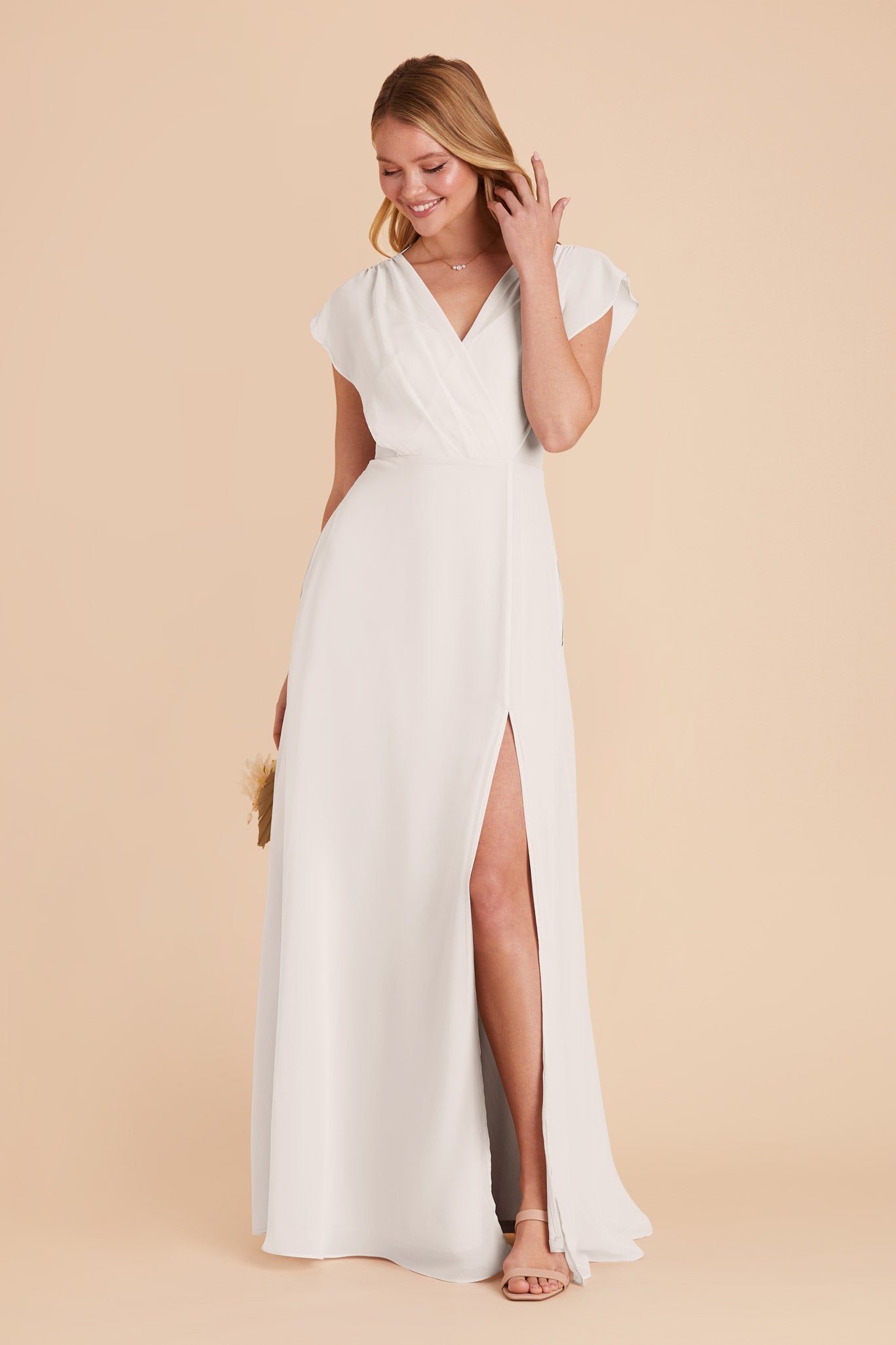 Floor-Length Chiffon Gown with Ruffled Sleeves | Violet & White