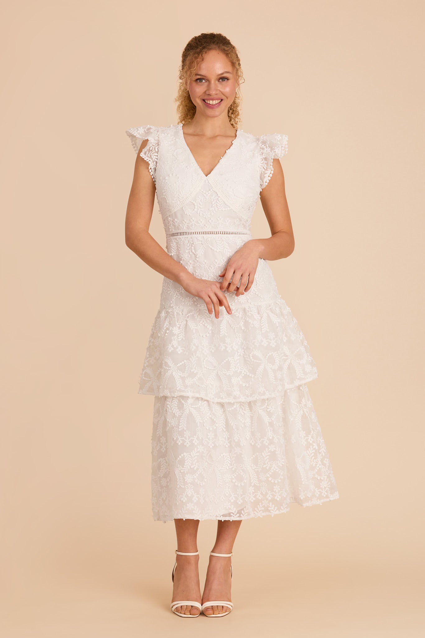 White Lace Midi Dress with V-Neck & Flutter Sleeves | Yasmin