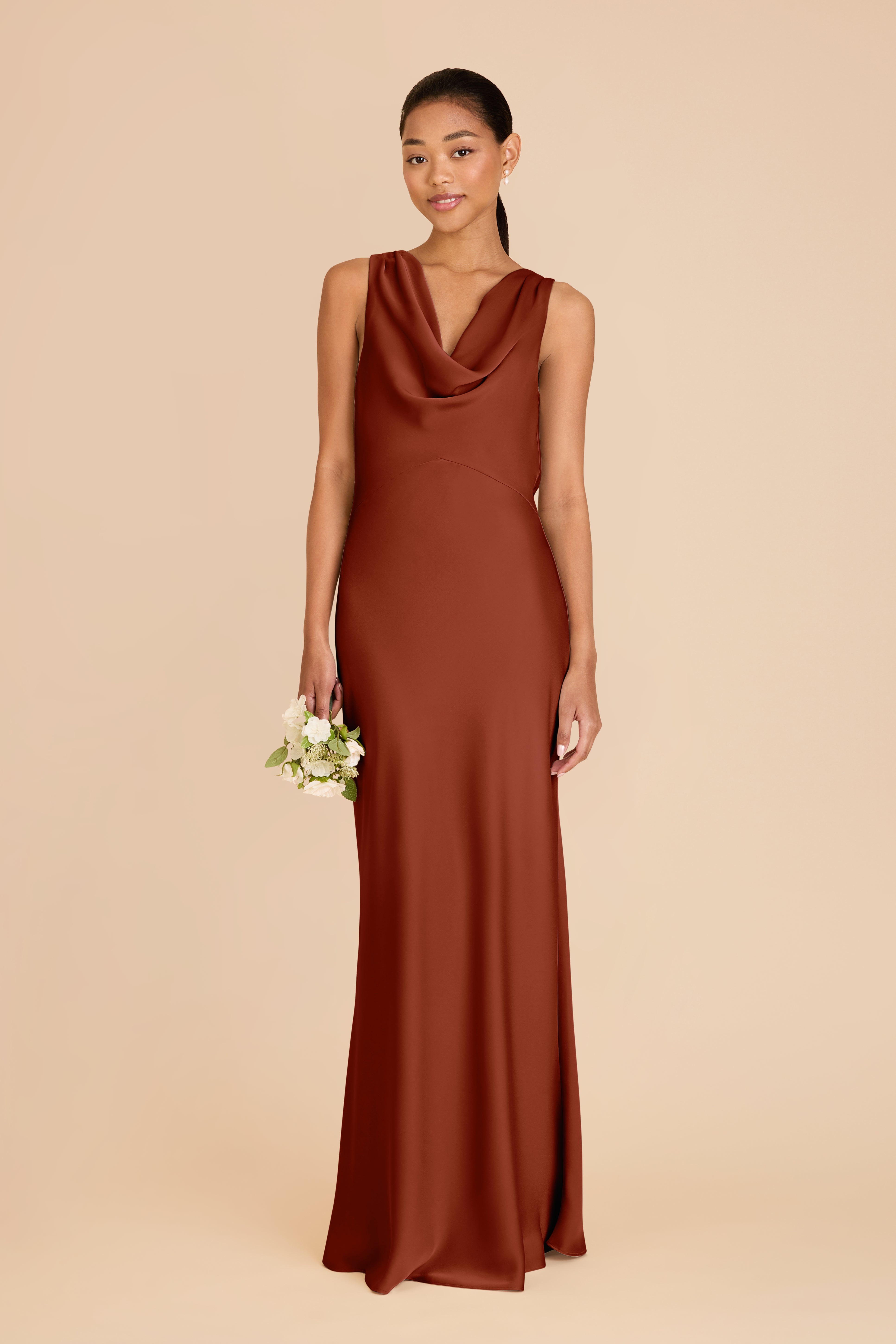 Matte Satin Bridesmaid Dress with Cowl Neck & Back | Bonnie Auburn