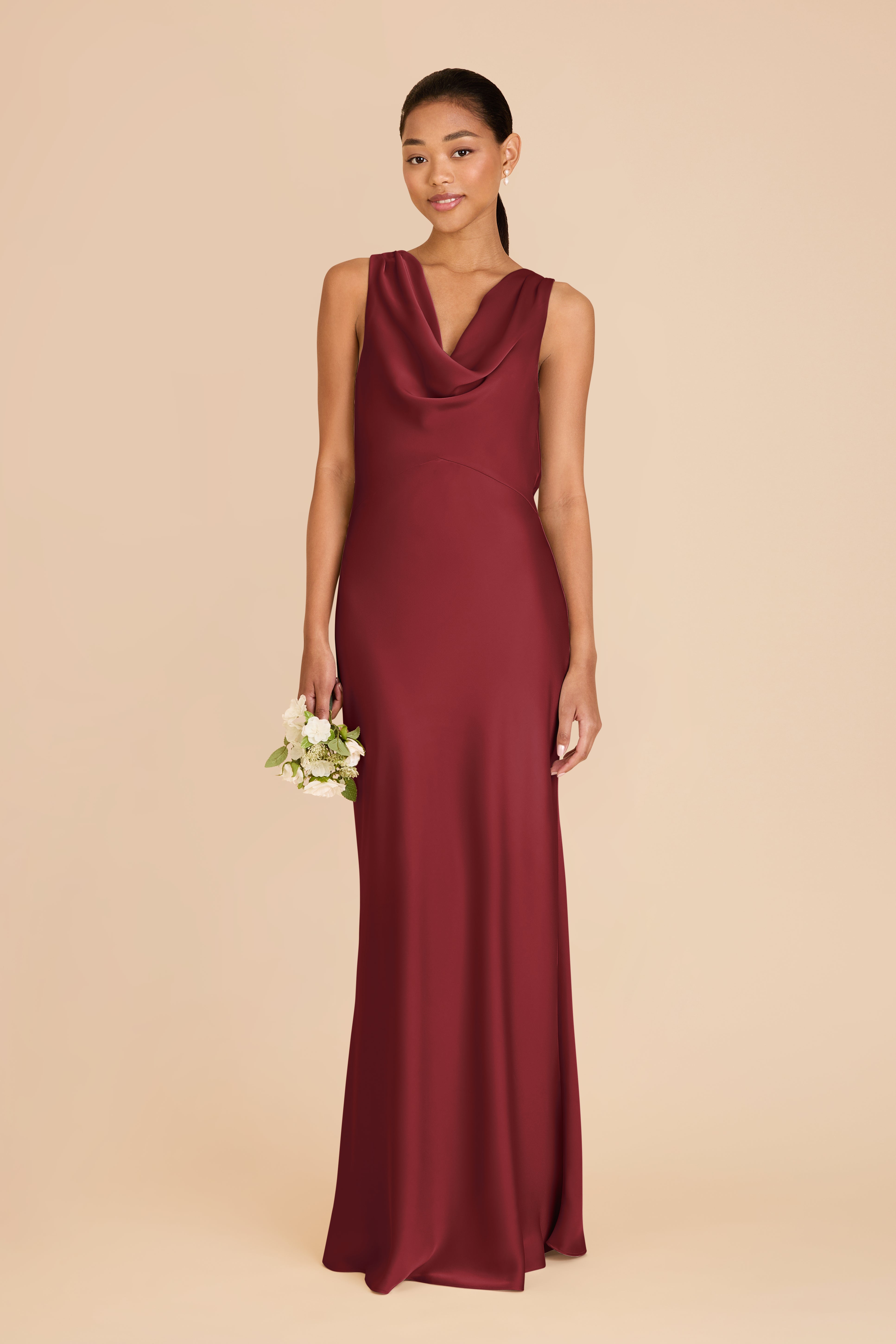 Burgundy Matte Satin Bridesmaid Dress with Cowl Neck & Back | Bonnie