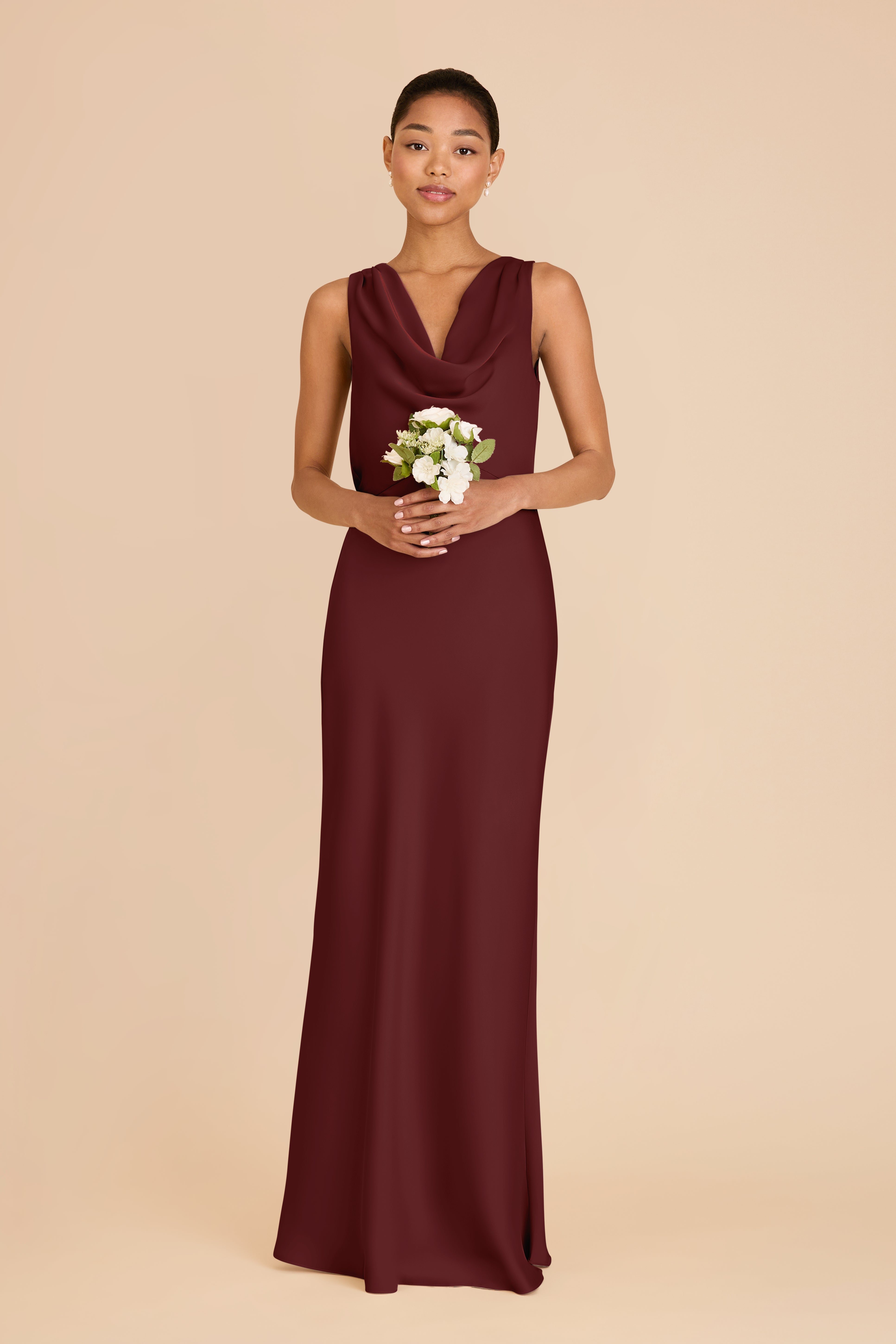 Matte Satin Bridesmaid Dress with Cowl Neck & Back | Bonnie Cabernet