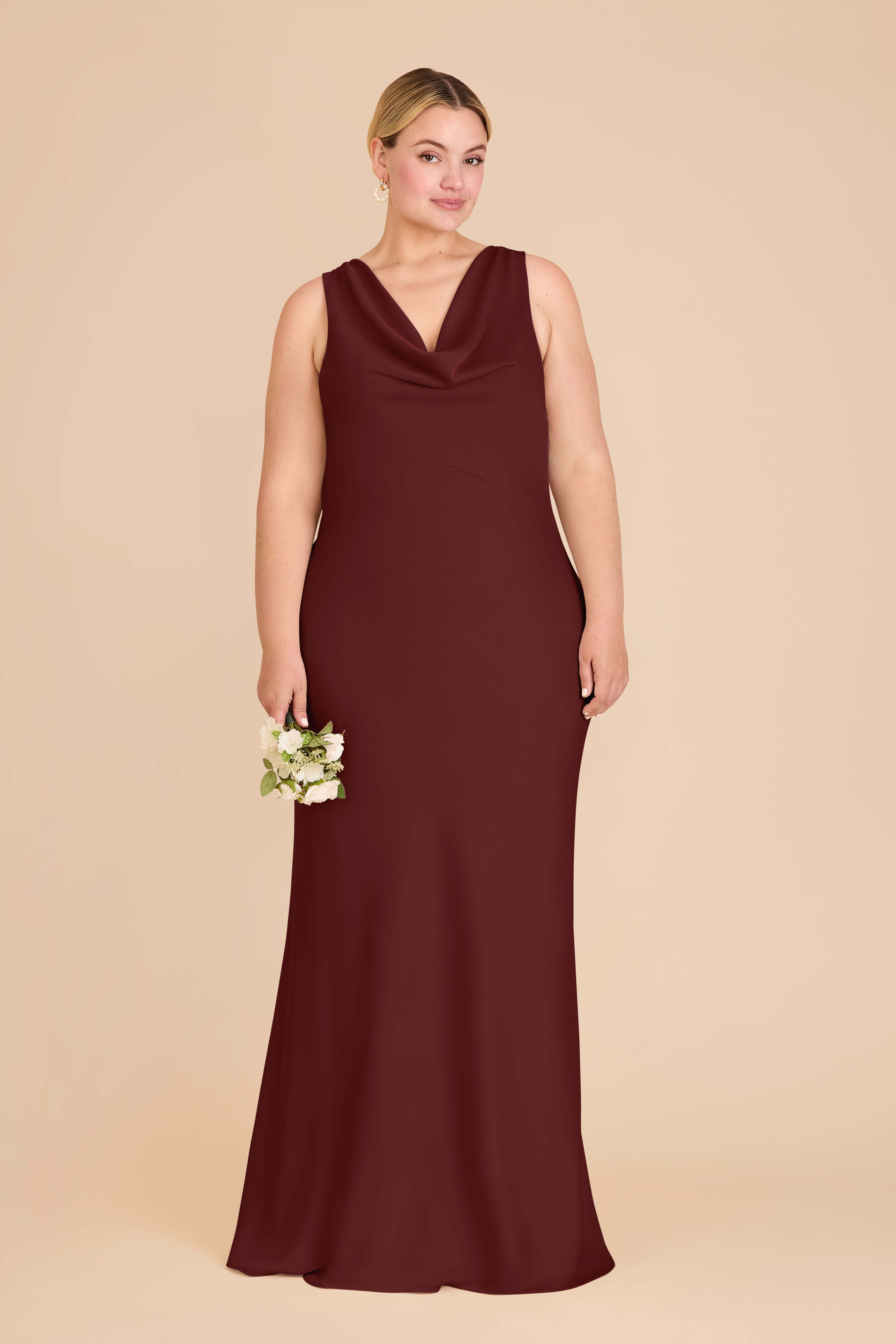 Matte Satin Bridesmaid Dress with Cowl Neck & Back | Bonnie Cabernet