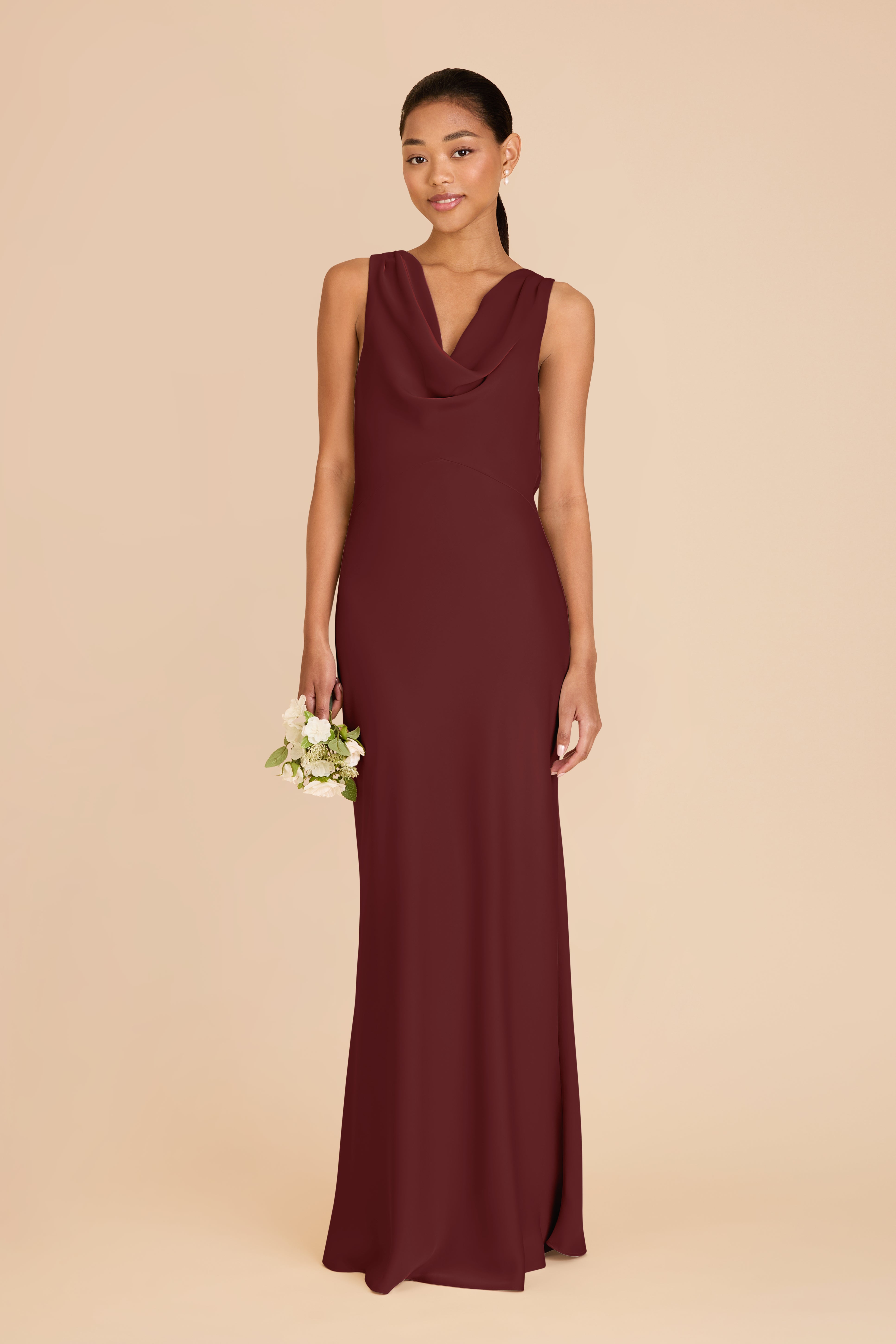 Matte Satin Bridesmaid Dress with Cowl Neck & Back | Bonnie Cabernet