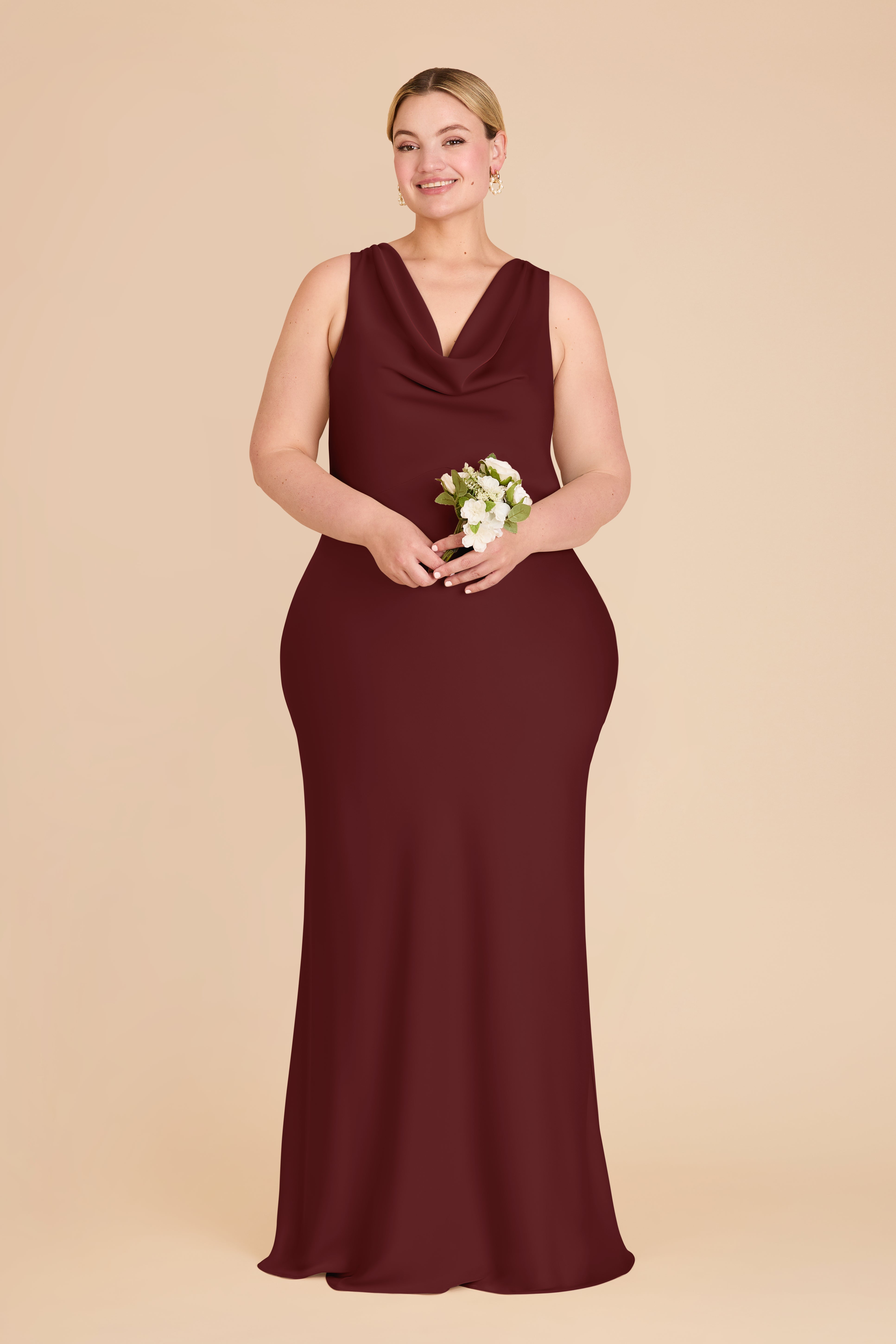 Matte Satin Bridesmaid Dress with Cowl Neck & Back | Bonnie Cabernet