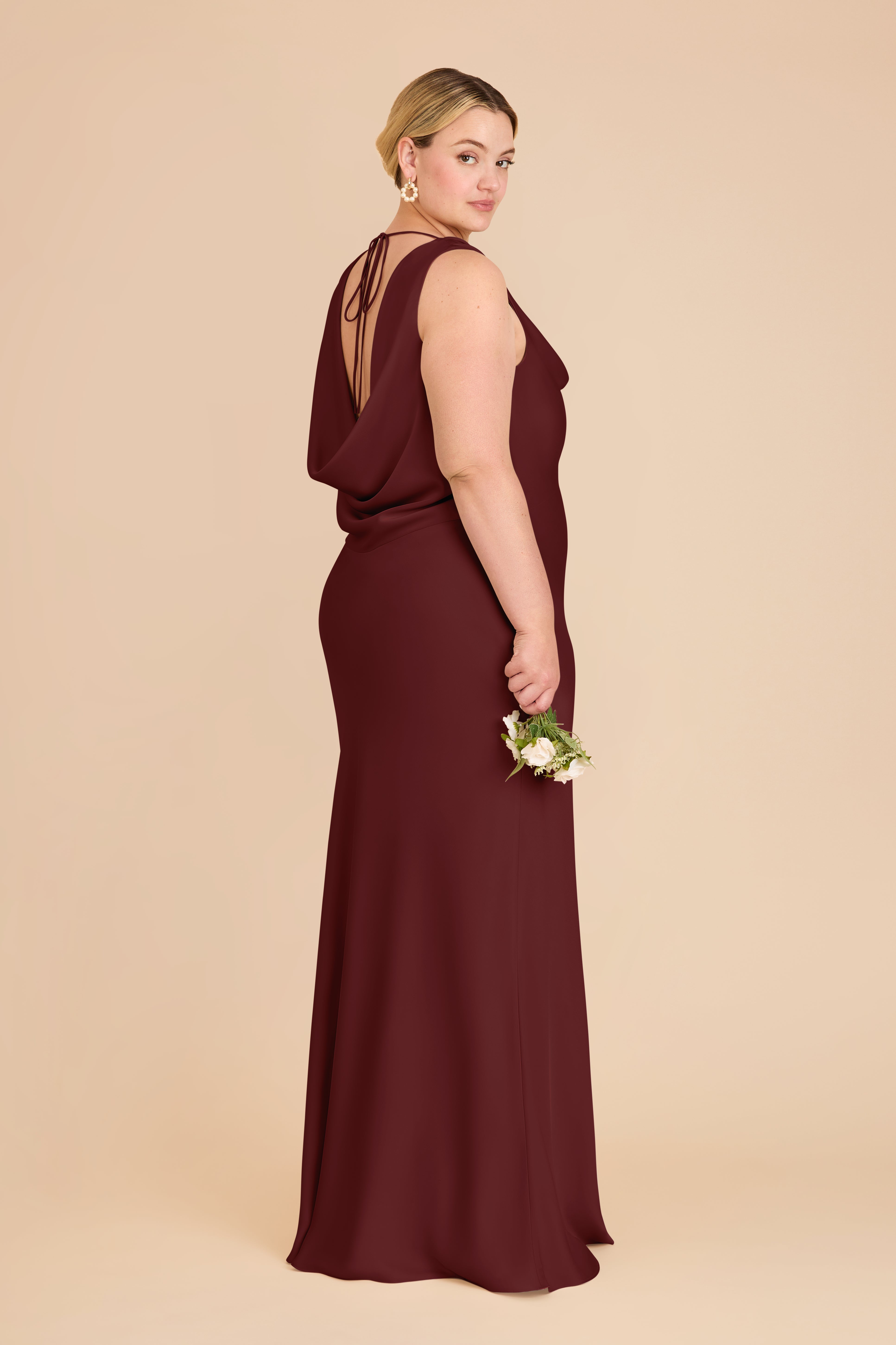 Matte Satin Bridesmaid Dress with Cowl Neck & Back | Bonnie Cabernet