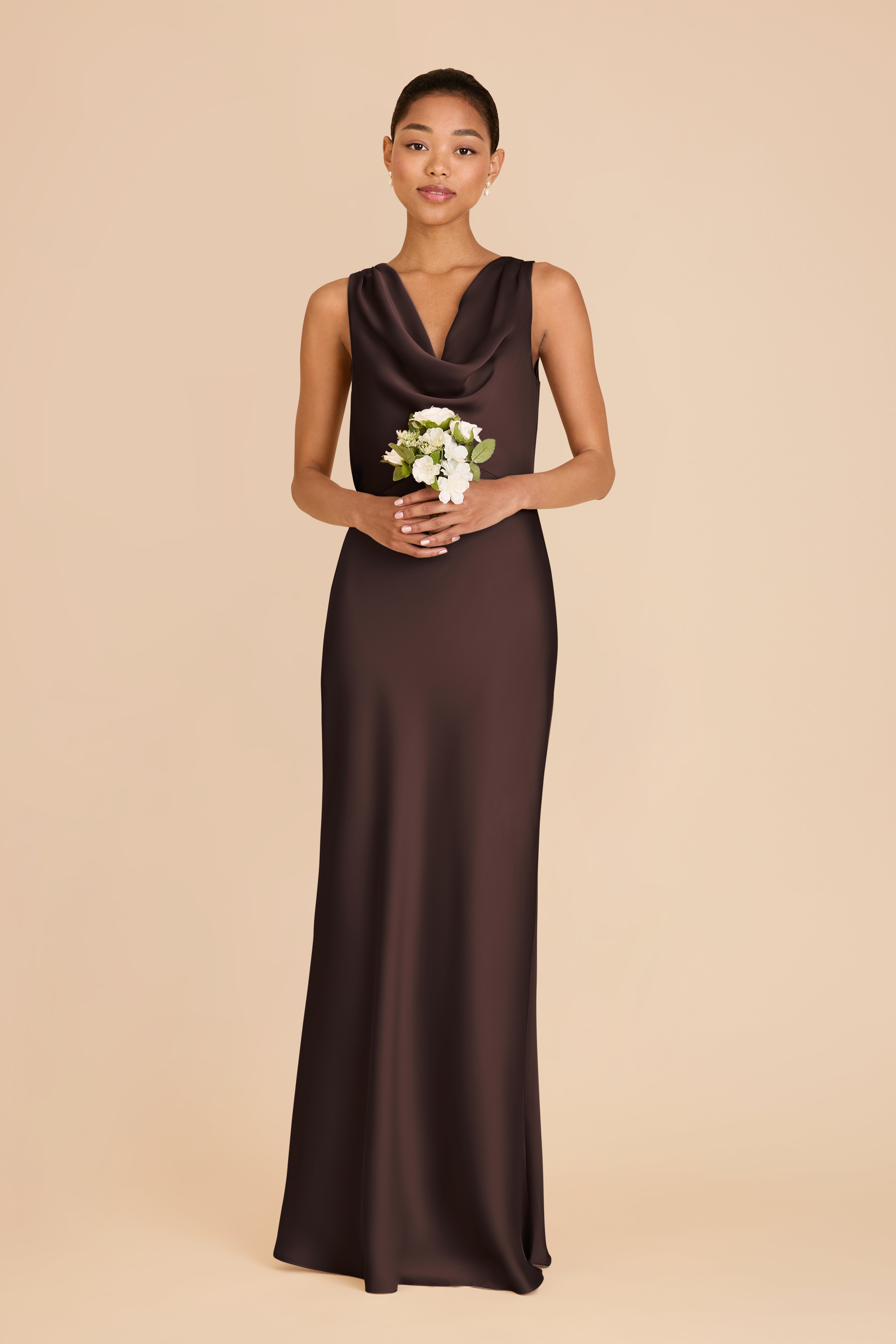 Matte Satin Bridesmaid Dress with Cowl Neck & Back | Bonnie Espresso