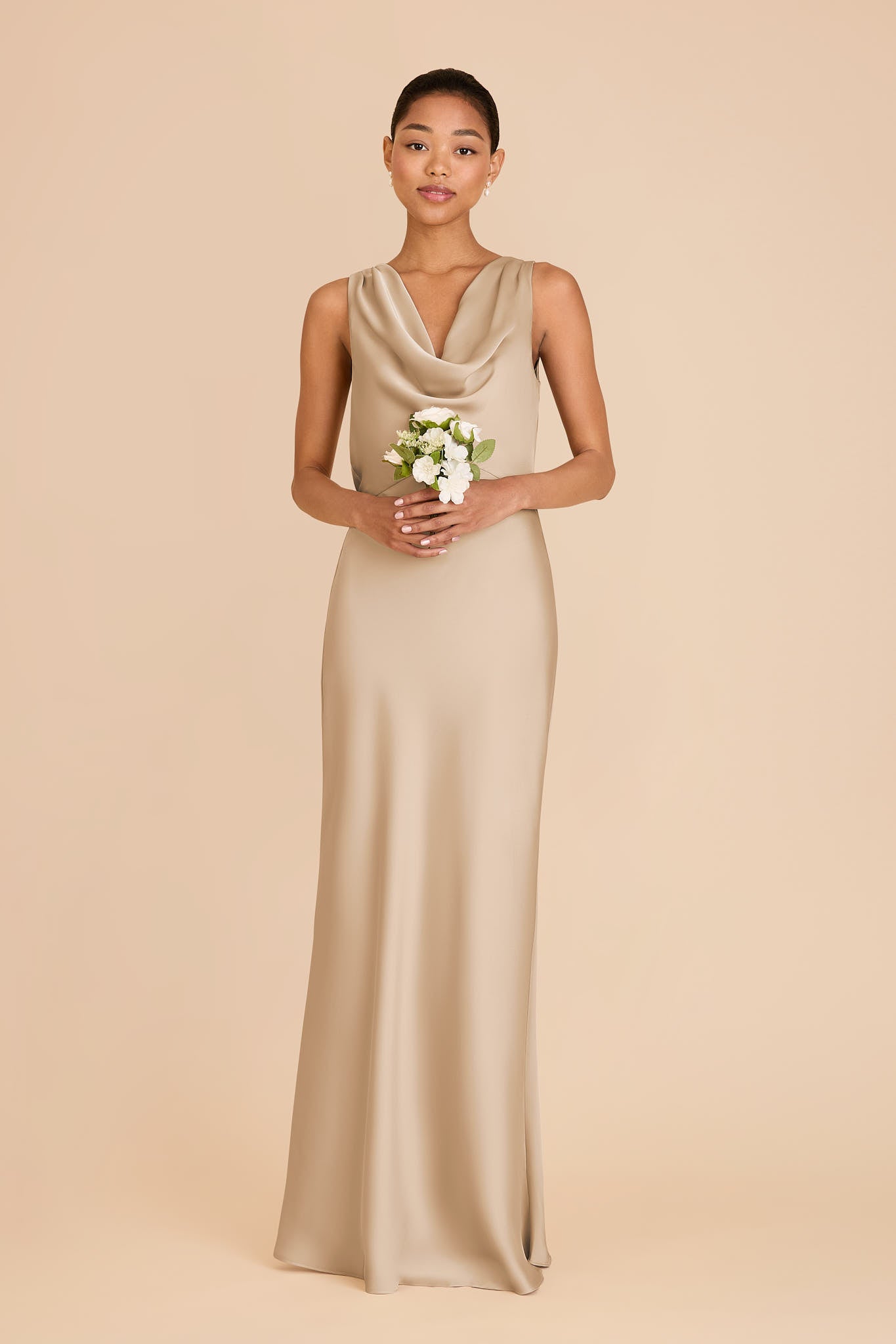 Matte Satin Bridesmaid Dress with Cowl Neck & Back | Bonnie Gold