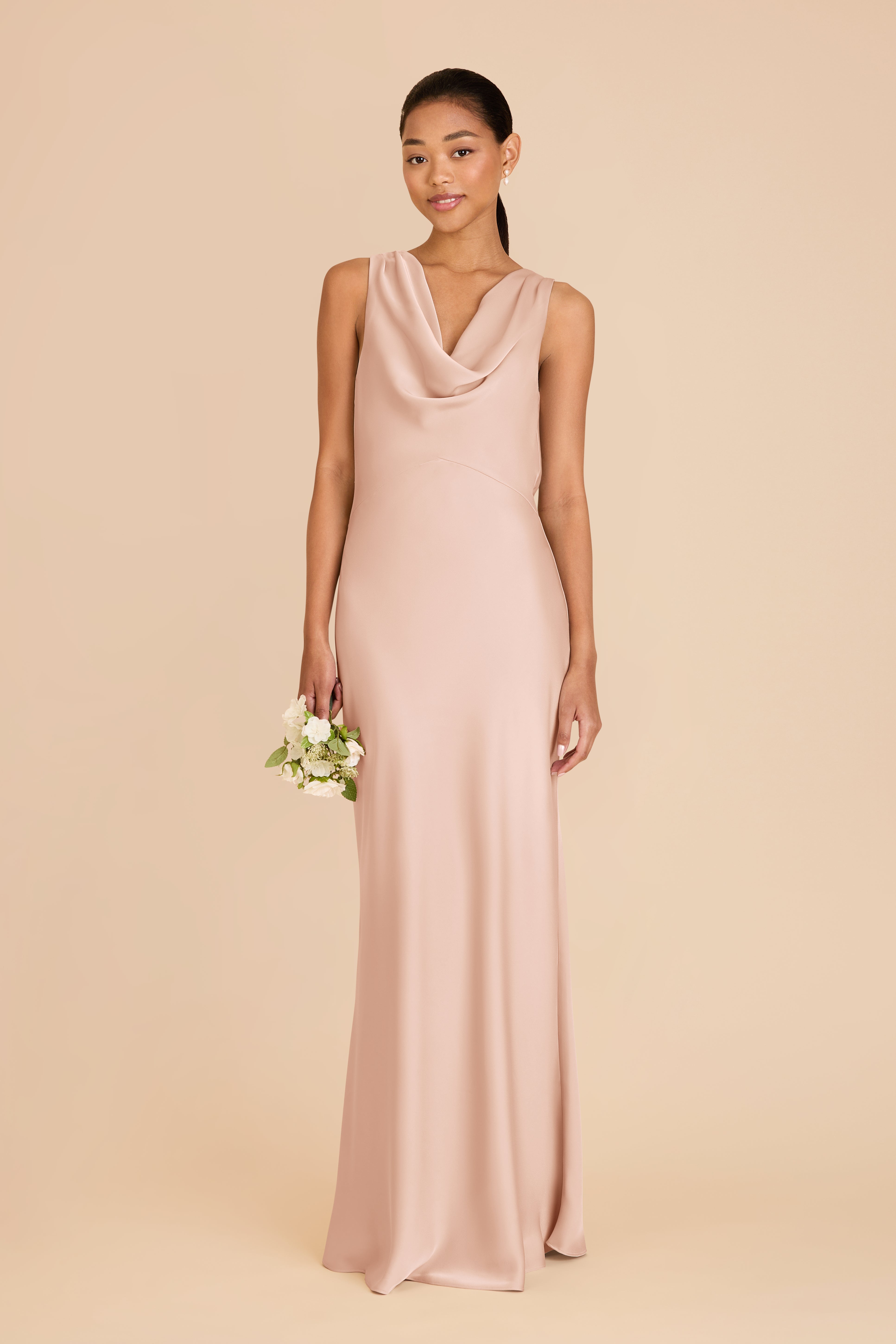 Matte Satin Bridesmaid Dress with Cowl Neck & Back | Bonnie Rose Gold