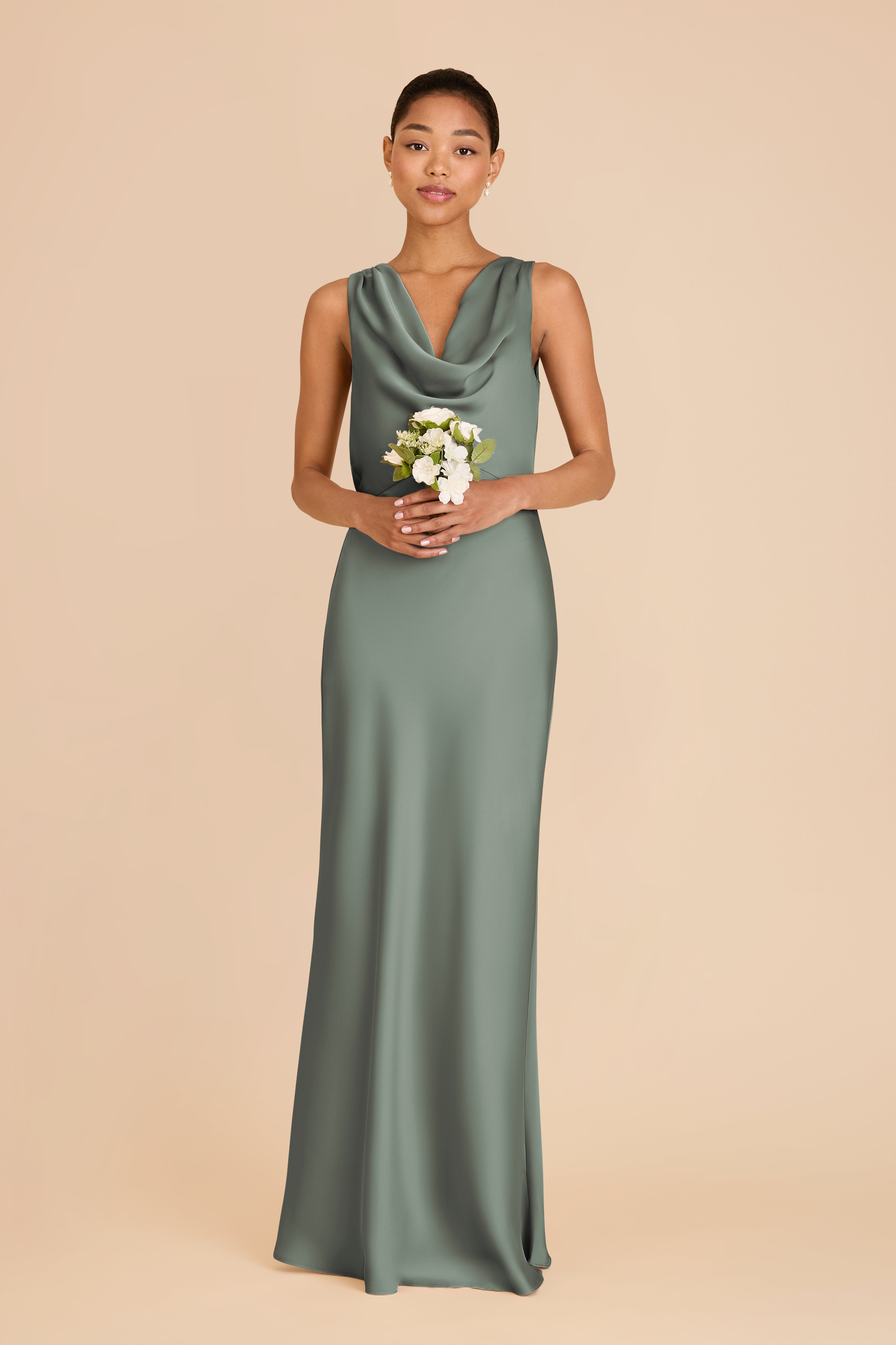 Matte Satin Bridesmaid Dress with Cowl Neck & Back | Bonnie - Sea Glass