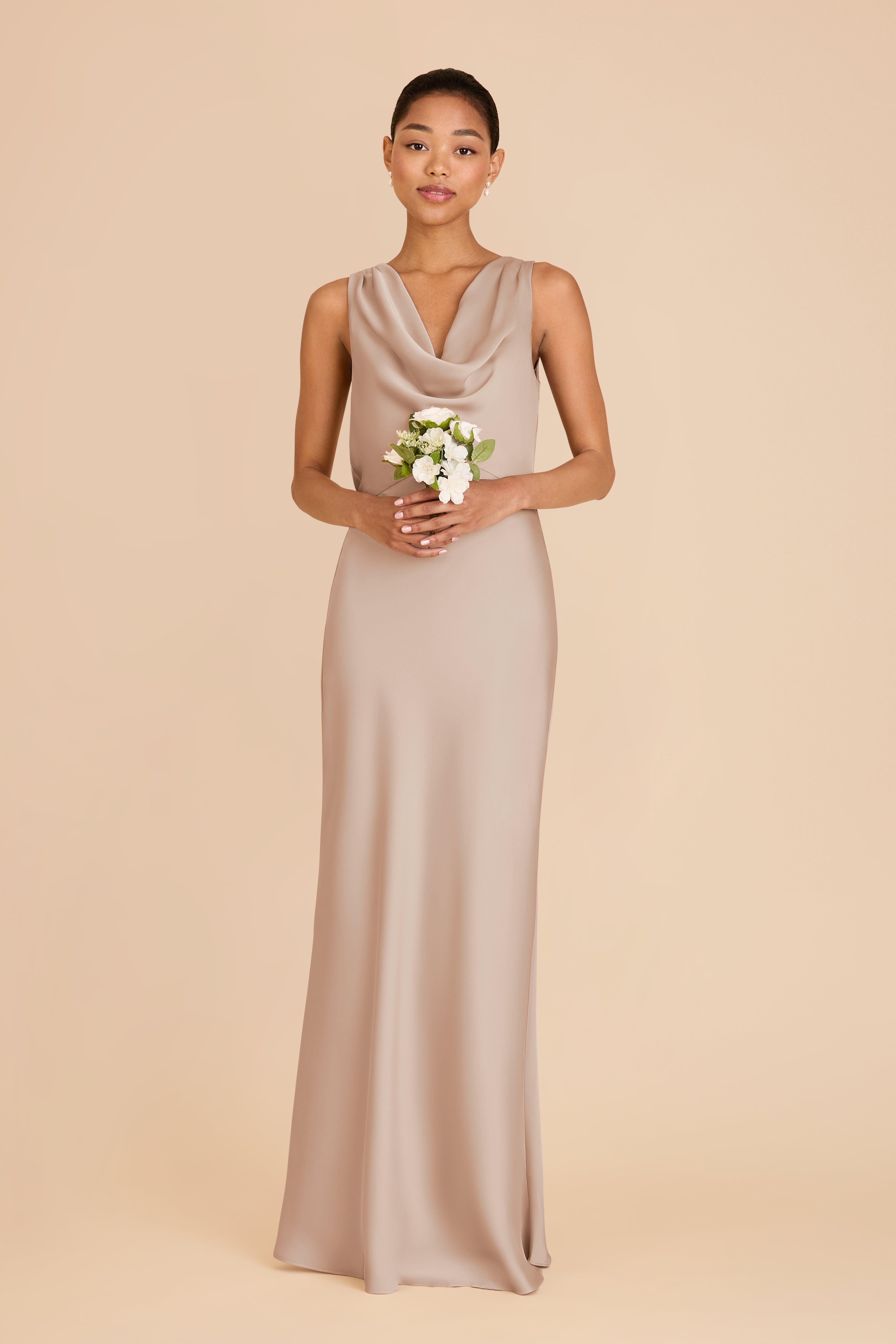 Matte Satin Bridesmaid Dress with Cowl Neck & Back | Bonnie Taupe