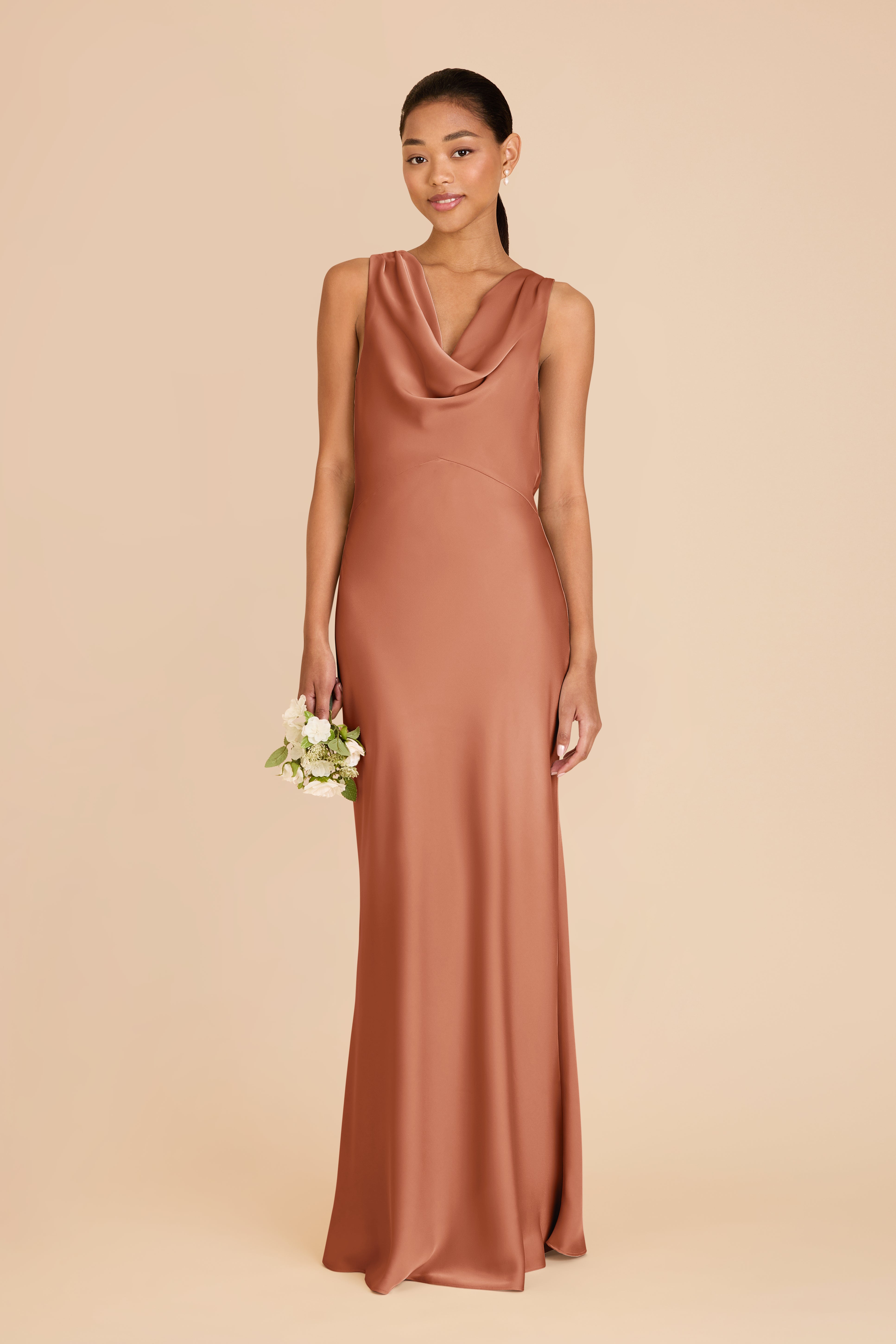 Matte Satin Bridesmaid Dress with Cowl Neck & Back | Bonnie Terracotta