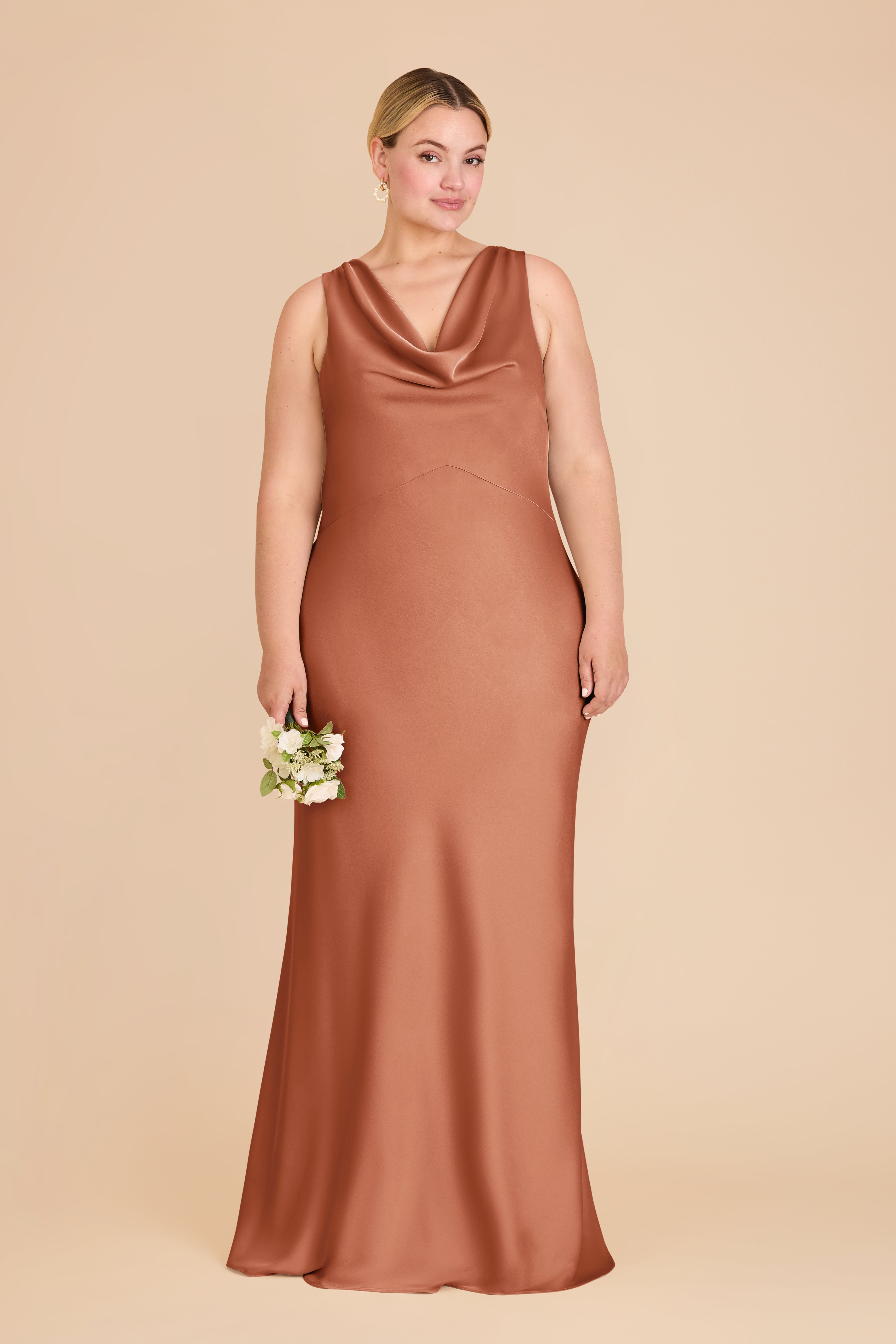 Matte Satin Bridesmaid Dress with Cowl Neck & Back | Bonnie Terracotta