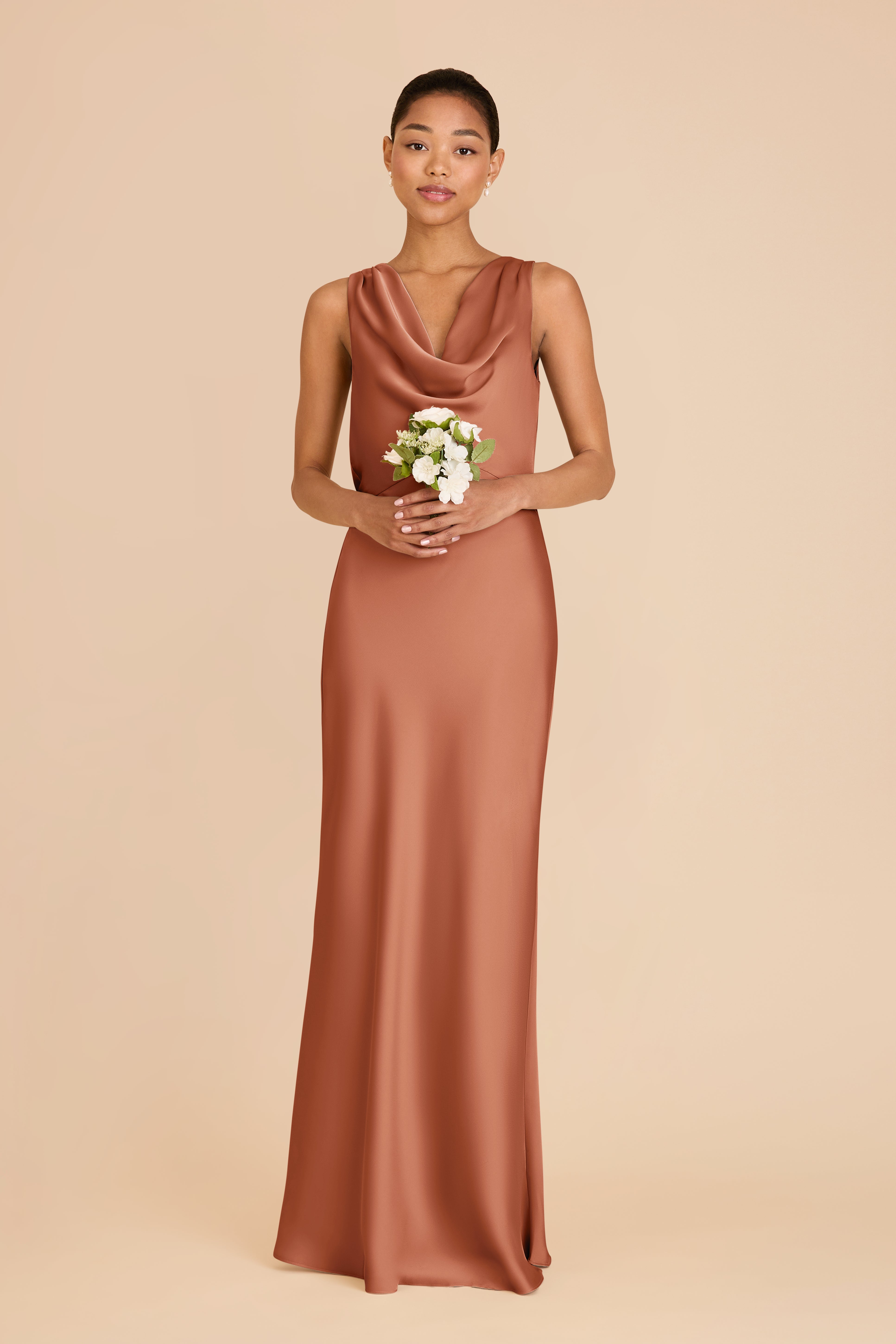 Matte Satin Bridesmaid Dress with Cowl Neck & Back | Bonnie Terracotta