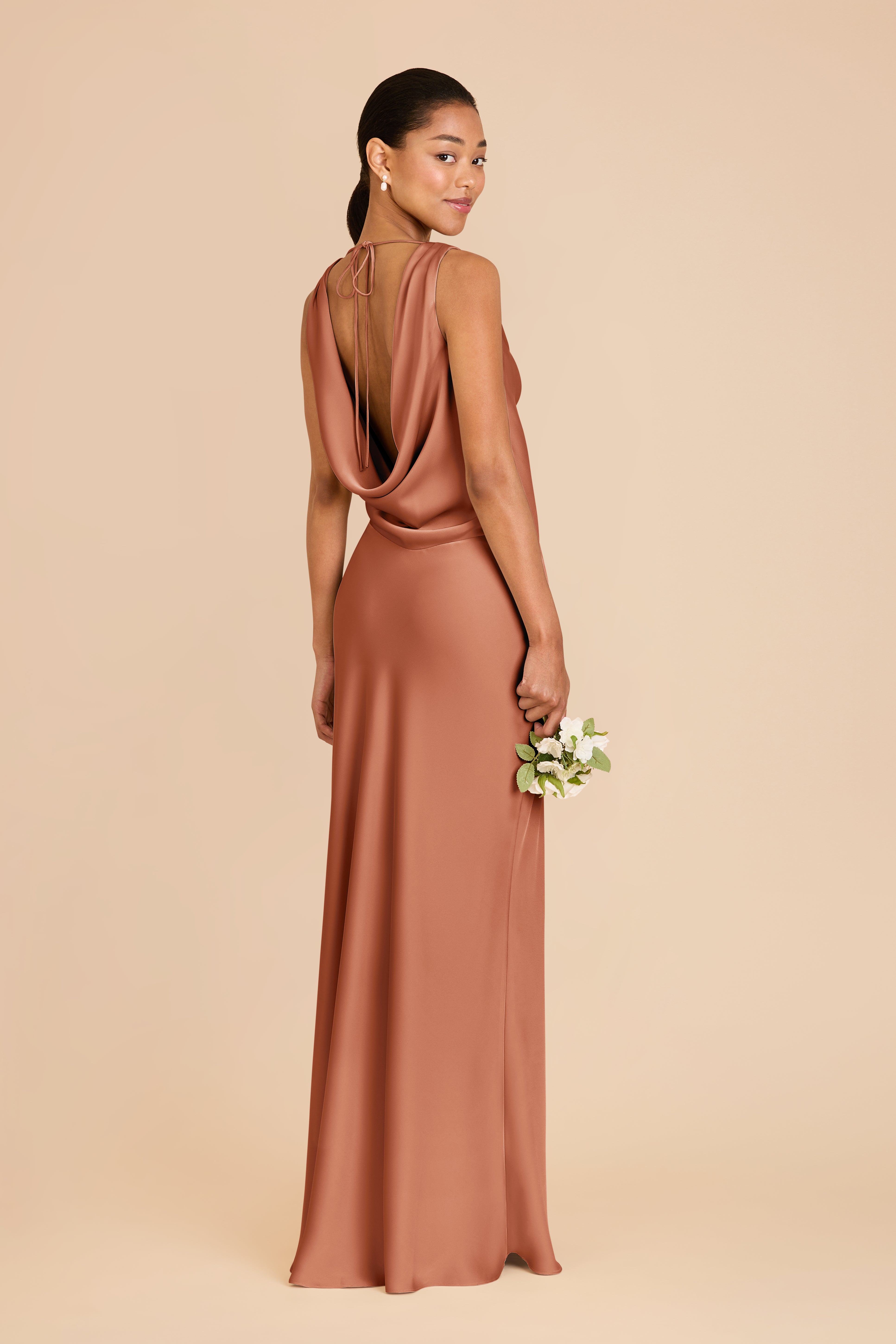 Matte Satin Bridesmaid Dress with Cowl Neck & Back | Bonnie Terracotta