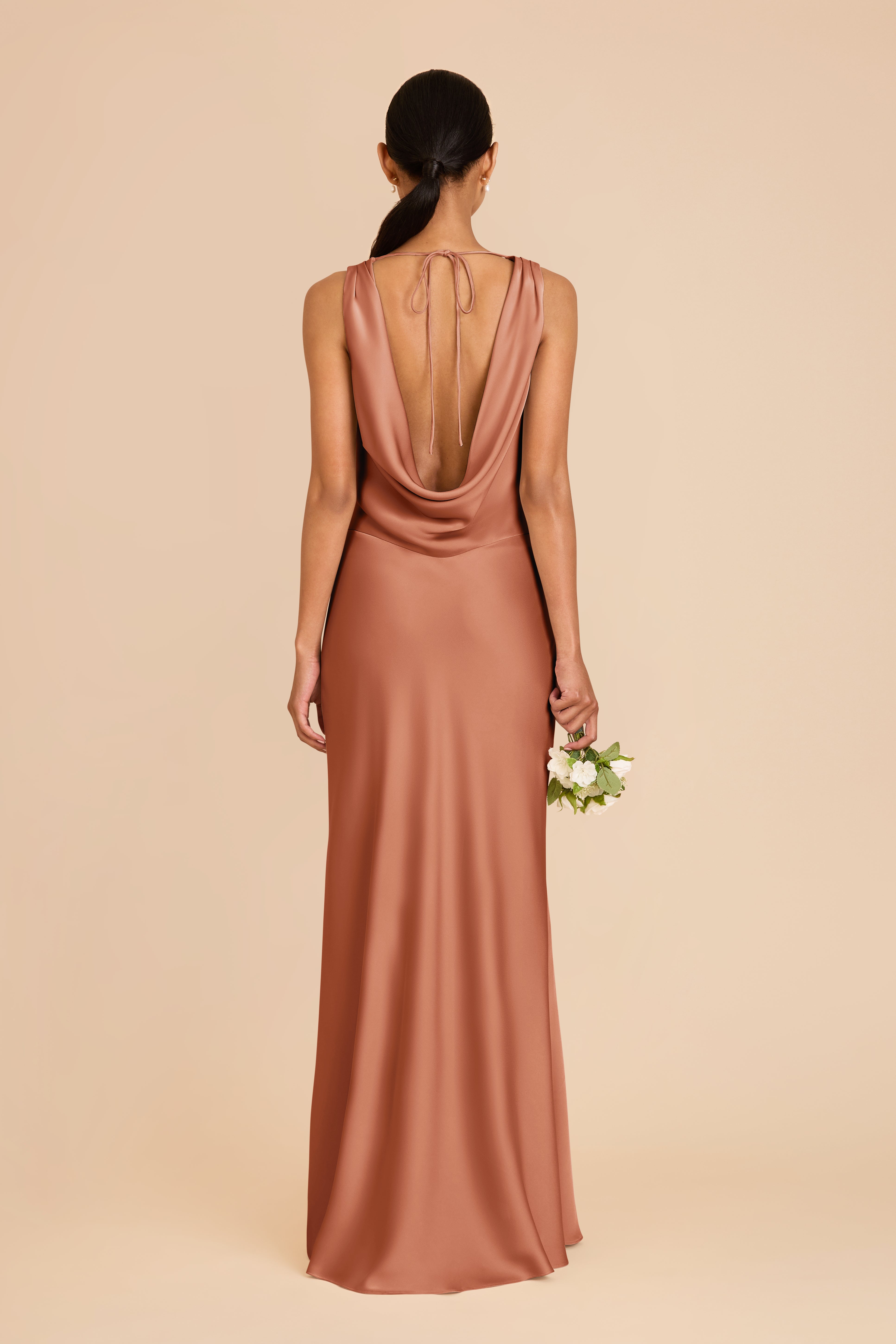 Matte Satin Bridesmaid Dress with Cowl Neck & Back | Bonnie Terracotta