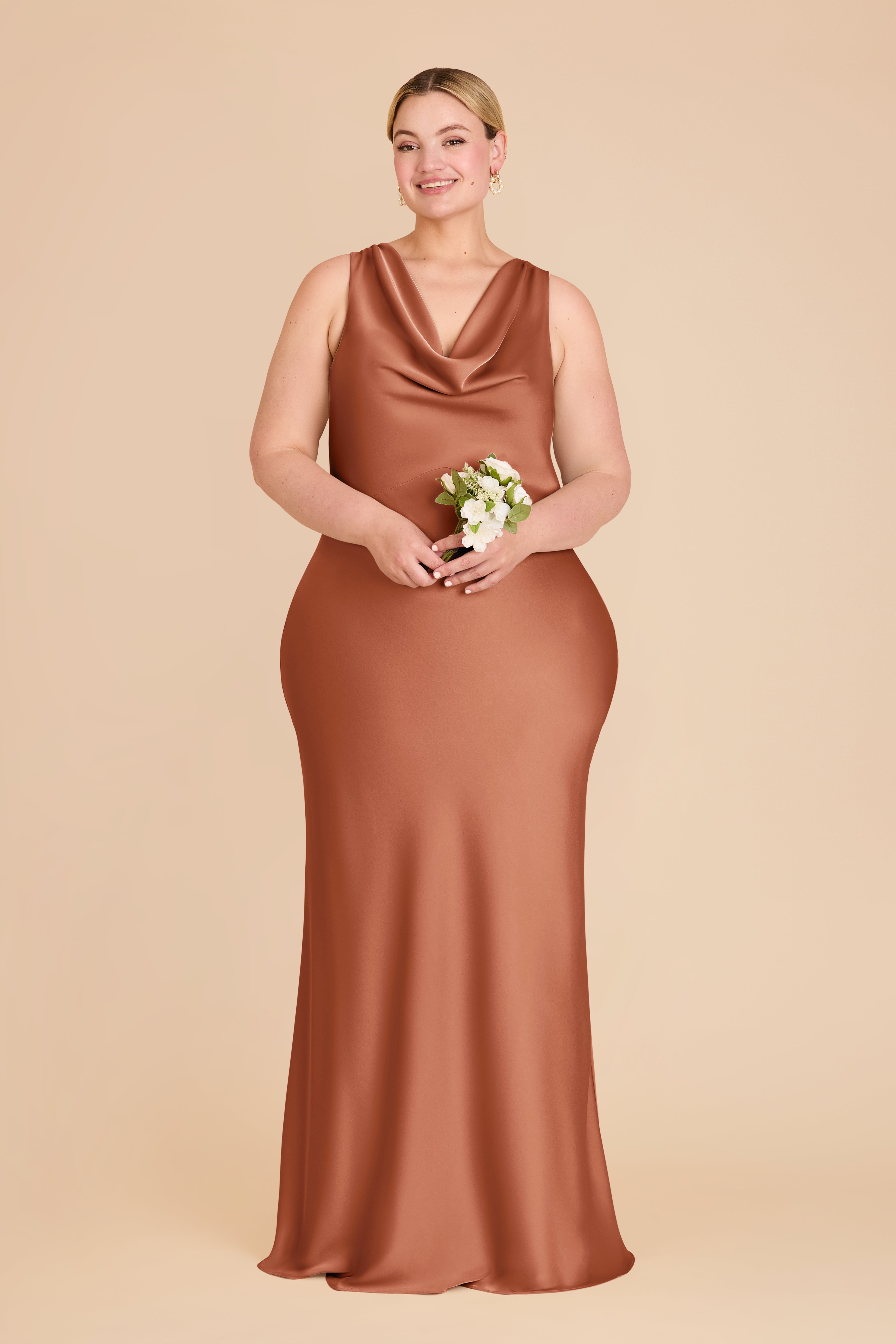 Matte Satin Bridesmaid Dress with Cowl Neck & Back | Bonnie Terracotta