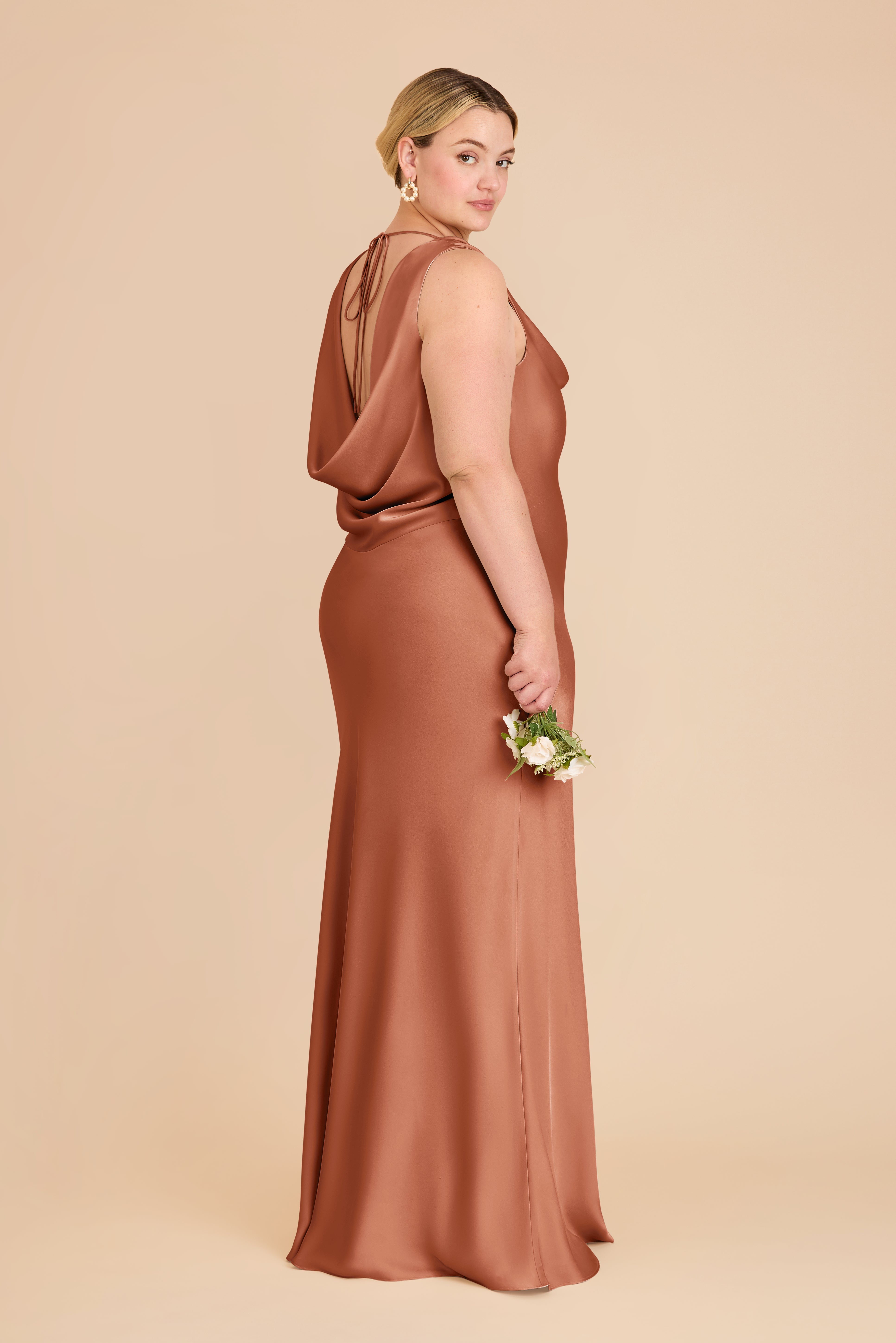 Matte Satin Bridesmaid Dress with Cowl Neck & Back | Bonnie Terracotta