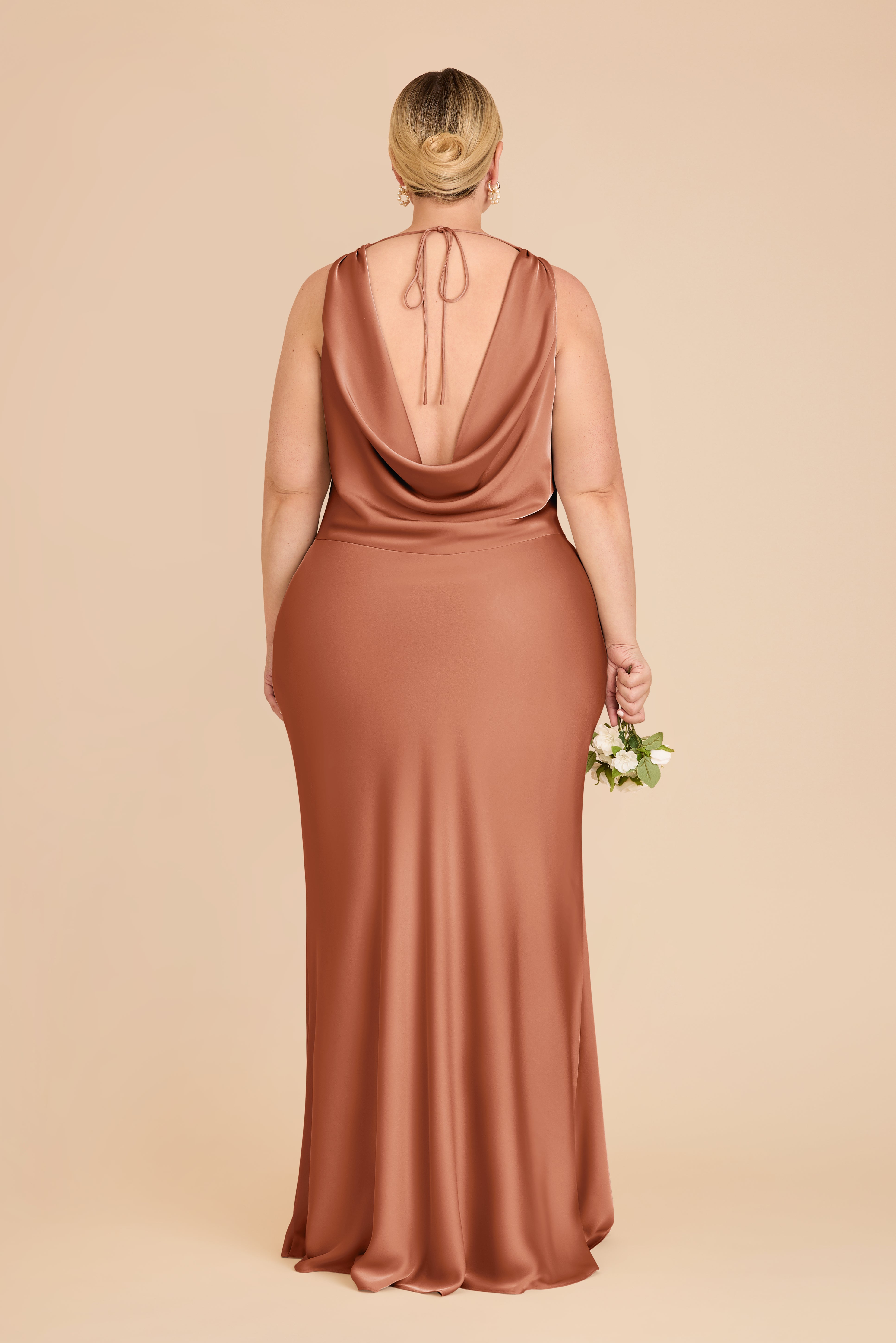 Matte Satin Bridesmaid Dress with Cowl Neck & Back | Bonnie Terracotta